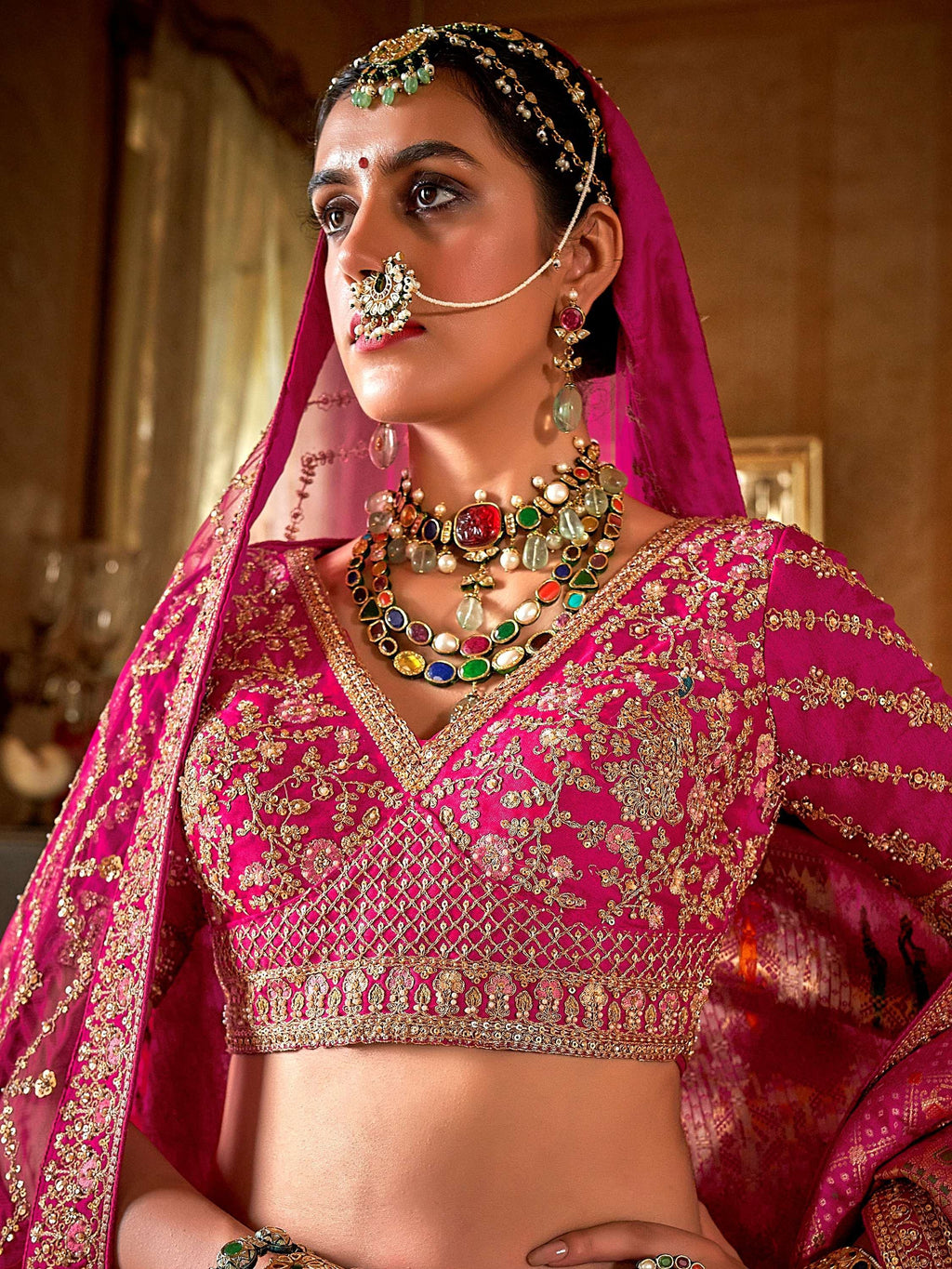 Outstanding Pink Thread Work Silk Bridal Lehenga Choli With Double Dupatta