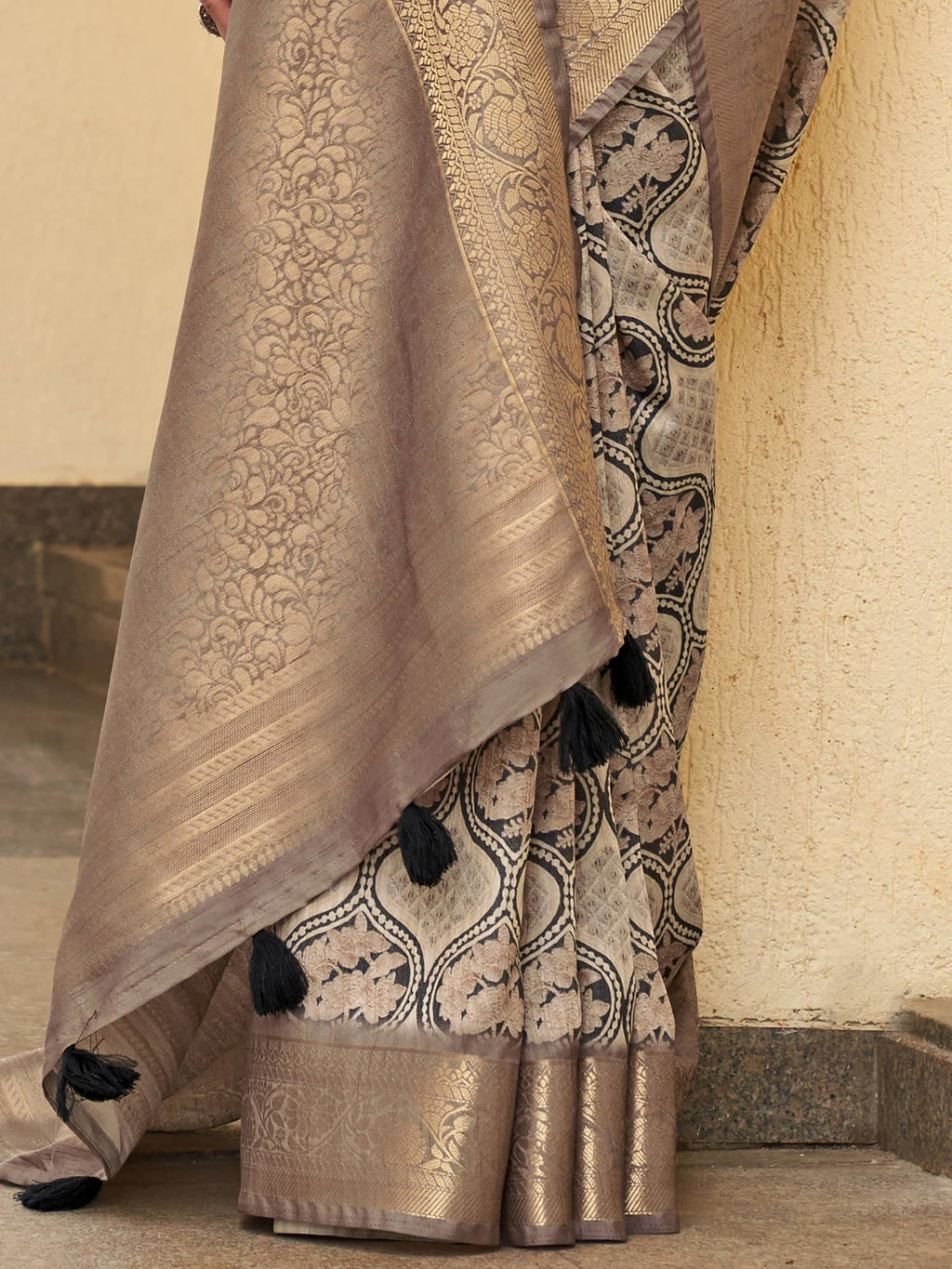 Incredible Beige Floral Printed Silk Function Wear Saree With Blouse