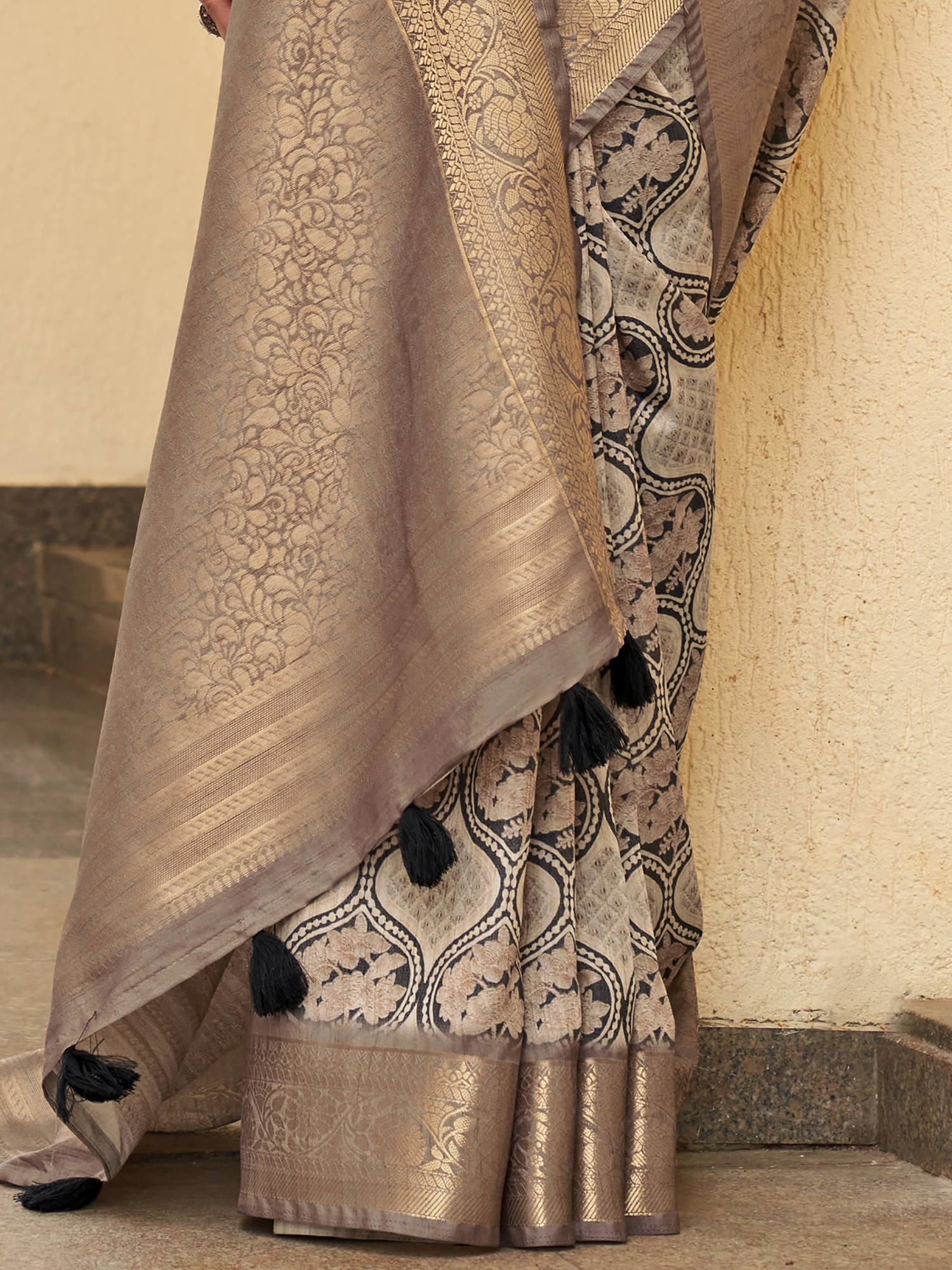 Incredible Beige Floral Printed Silk Function Wear Saree With Blouse