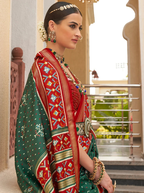 Beautiful Green Patola Printed Silk Function Wear Saree With Blouse