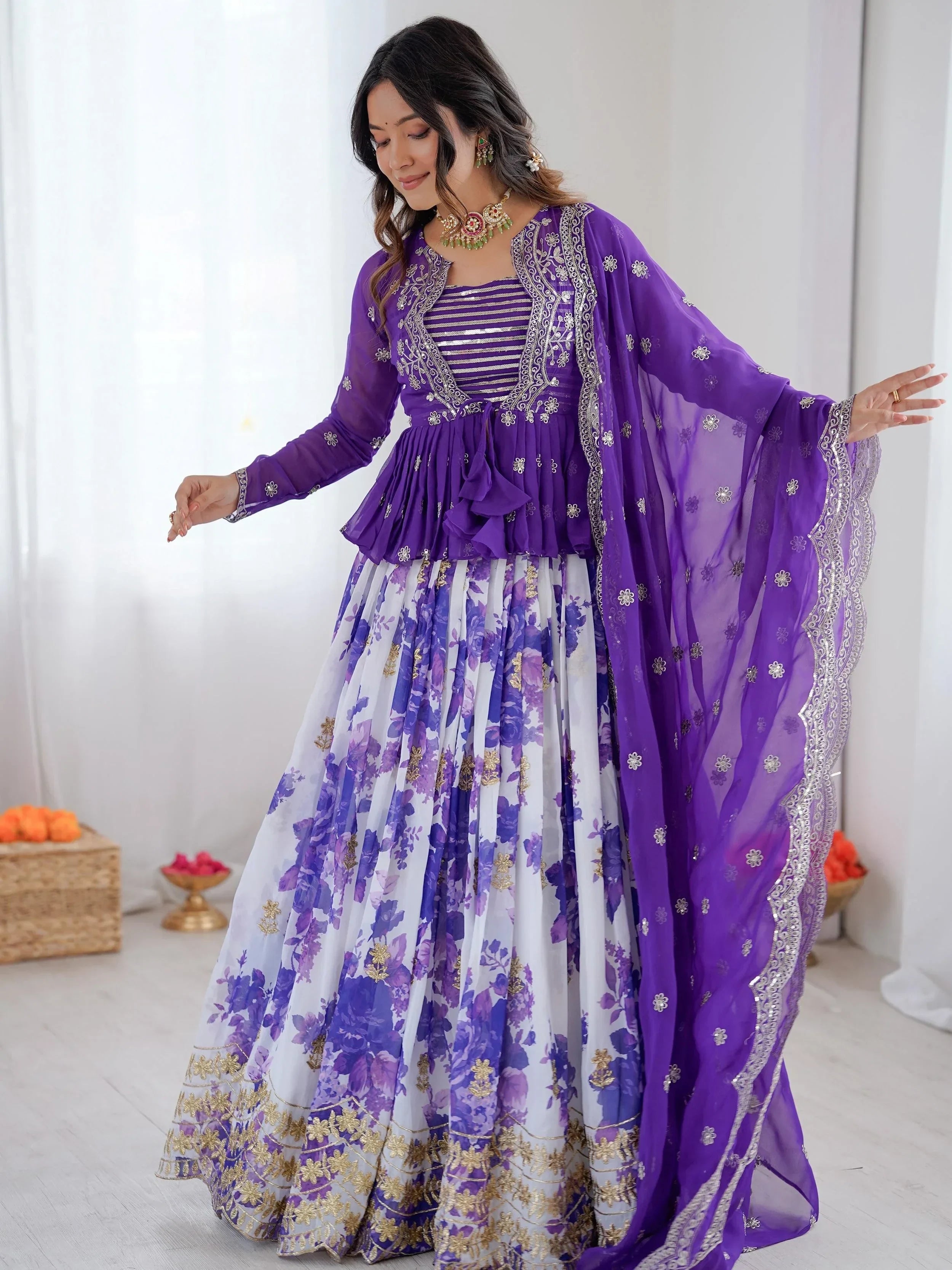 Purple Stunning Printed Georgette Crop Top Lehenga With Jacket