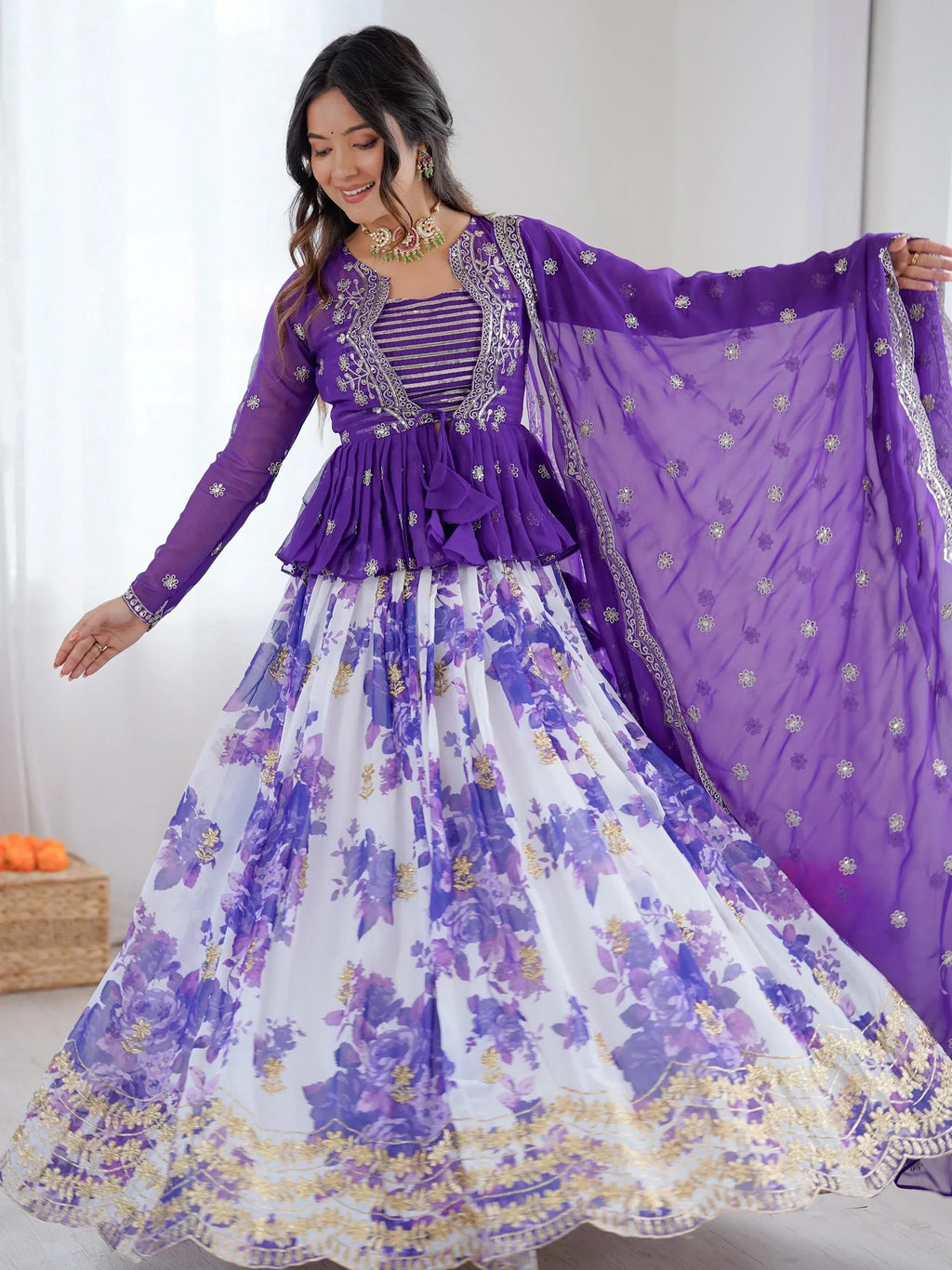 Purple Stunning Printed Georgette Crop Top Lehenga With Jacket