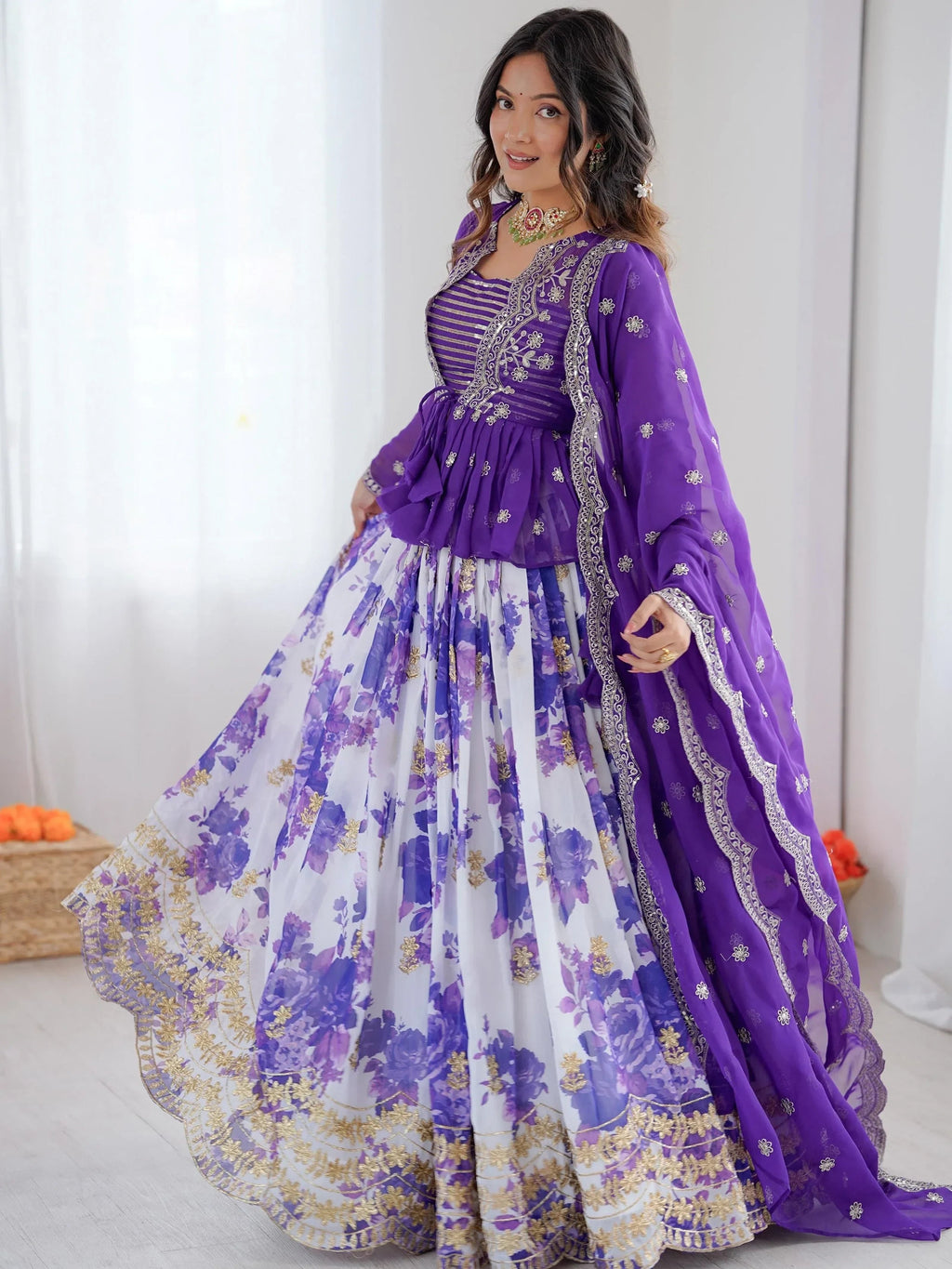Purple Stunning Printed Georgette Crop Top Lehenga With Jacket