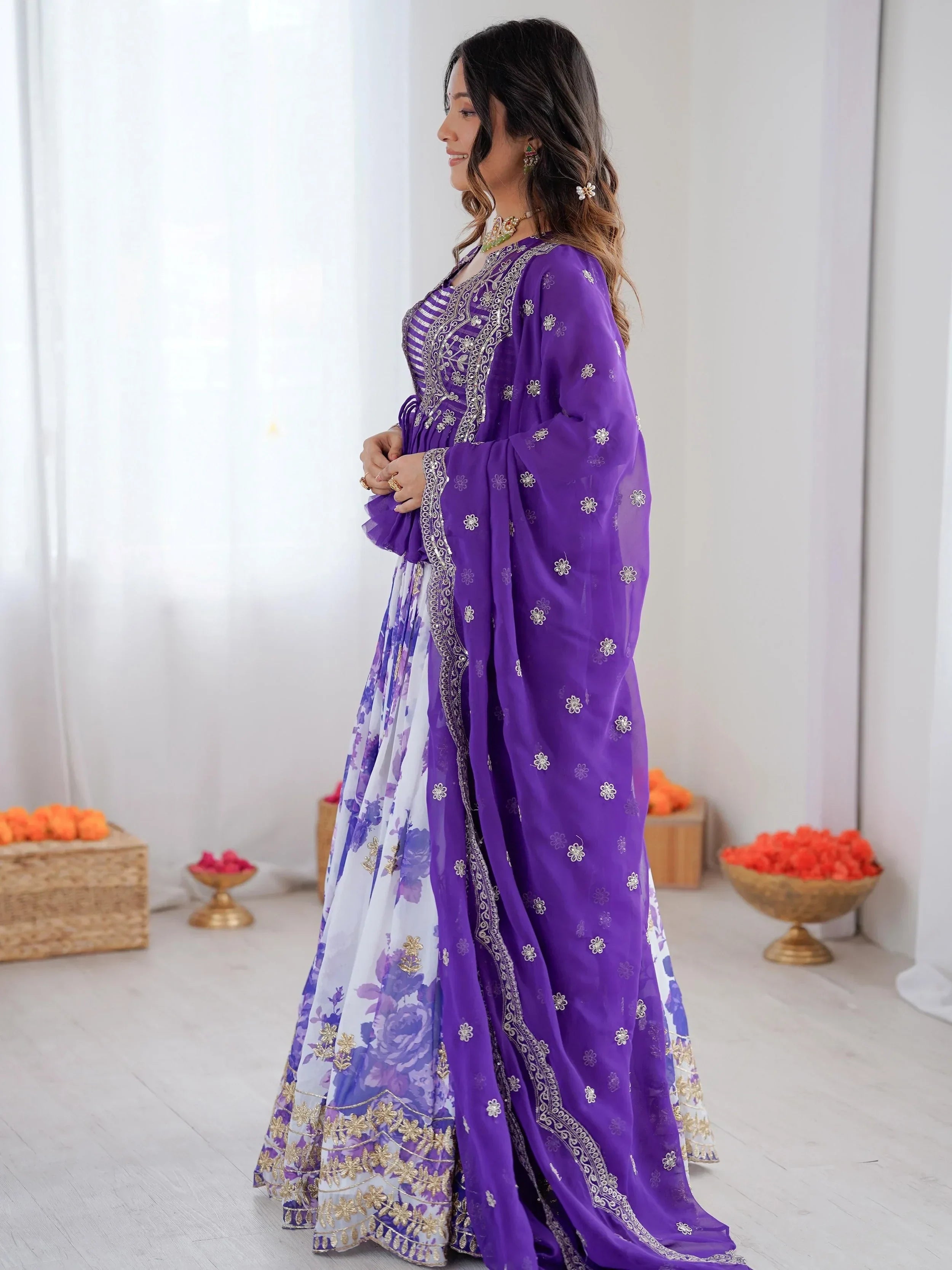 Purple Stunning Printed Georgette Crop Top Lehenga With Jacket