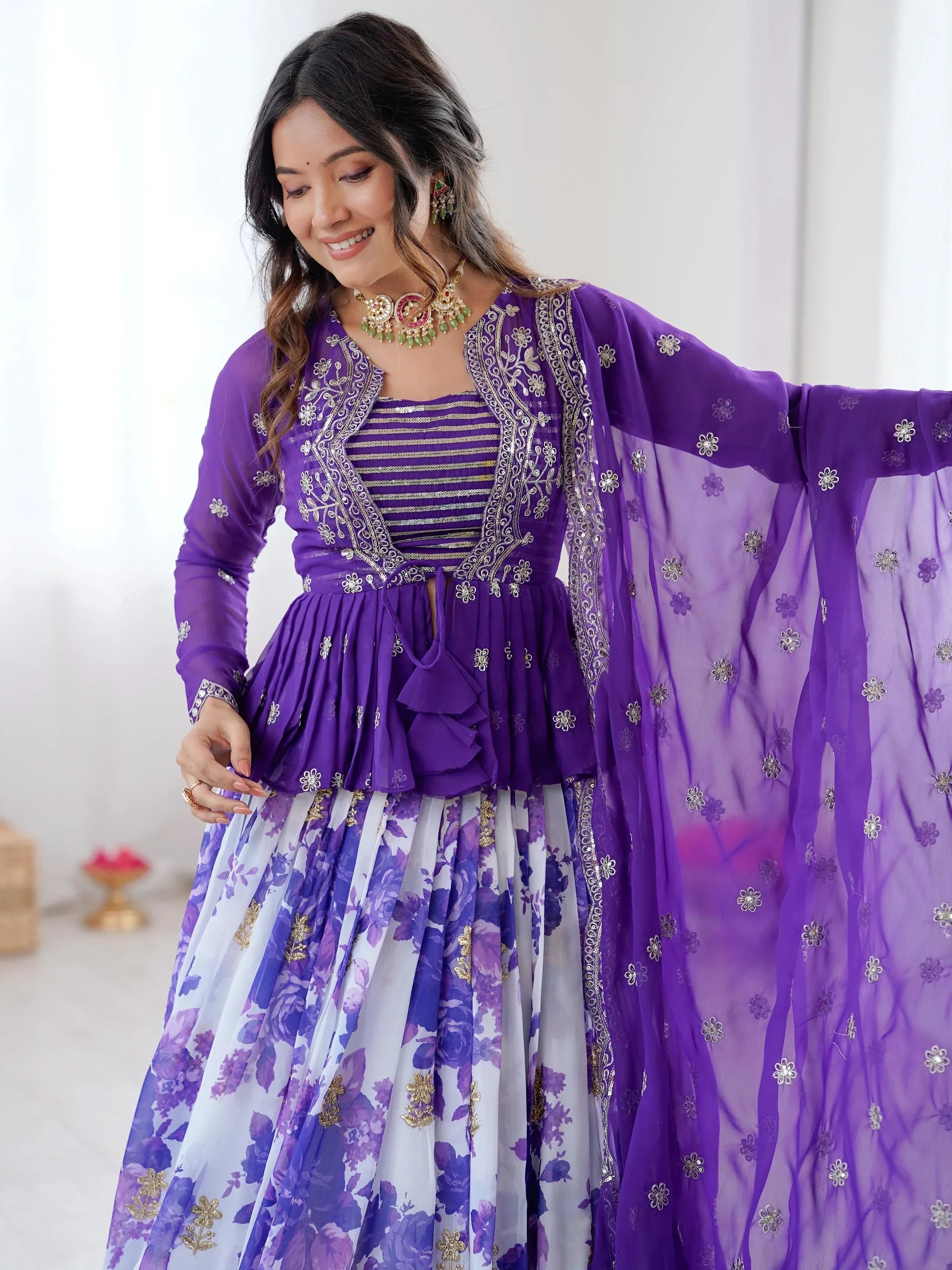 Purple Stunning Printed Georgette Crop Top Lehenga With Jacket