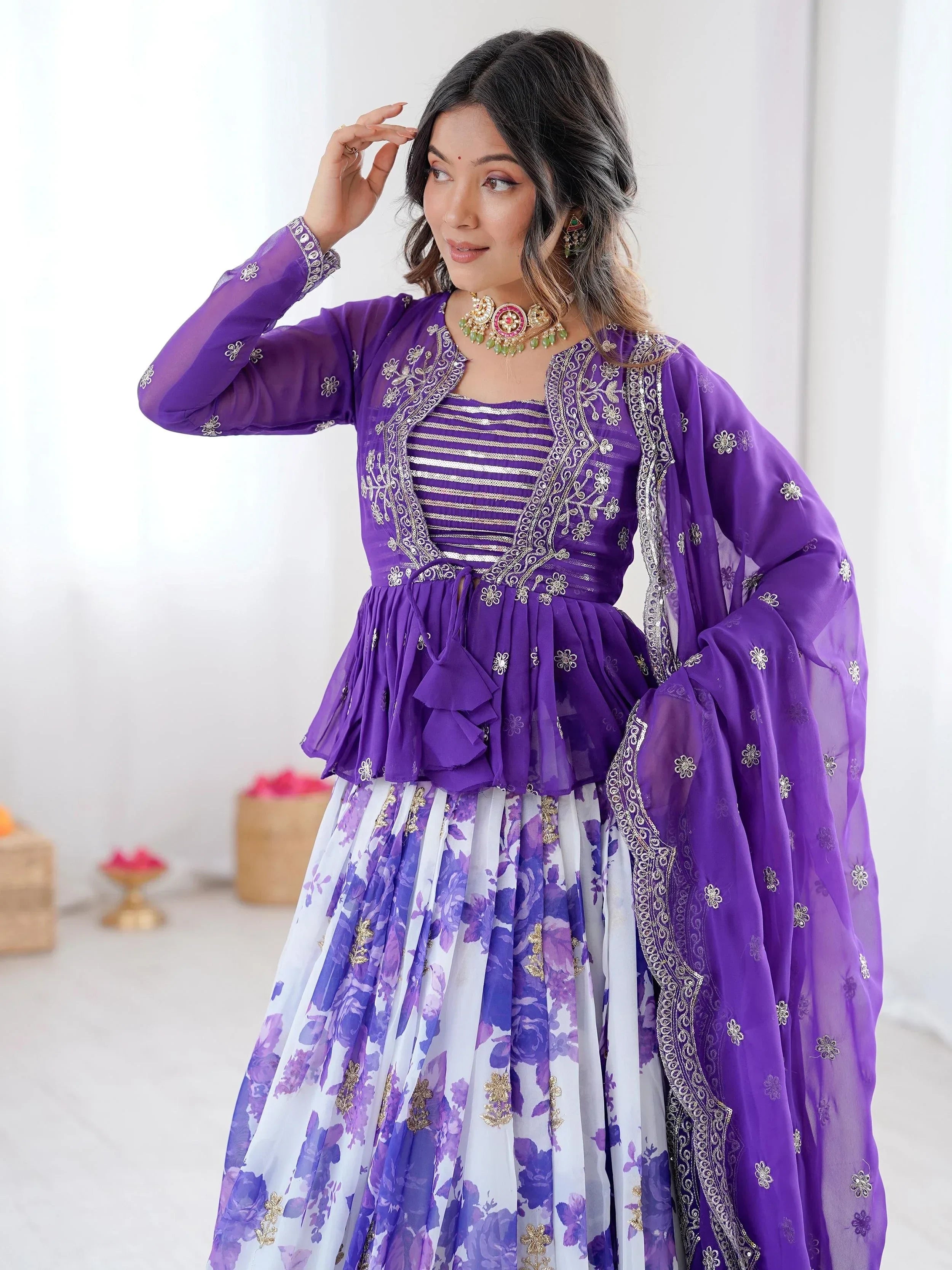 Purple Stunning Printed Georgette Crop Top Lehenga With Jacket