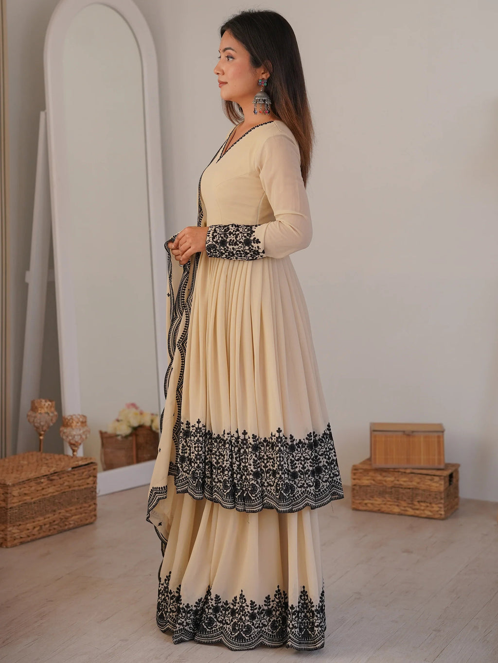 Attractive White Thread Work Georgette Festival Wear Palazzo Suit