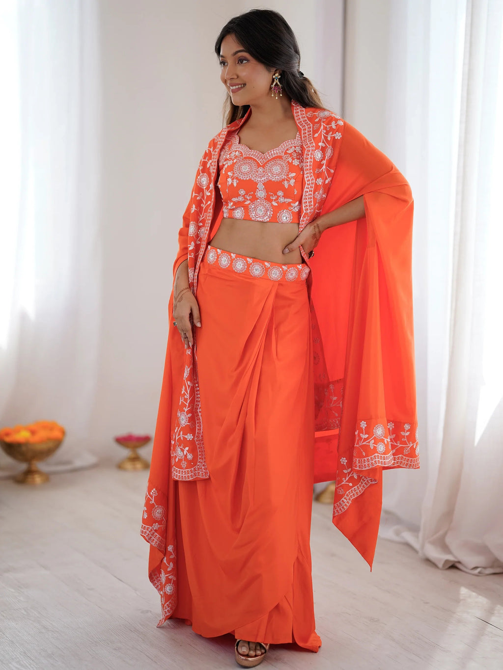 Orange Beautiful Crepe Designer Lehenga Choli With Sequins Shrug