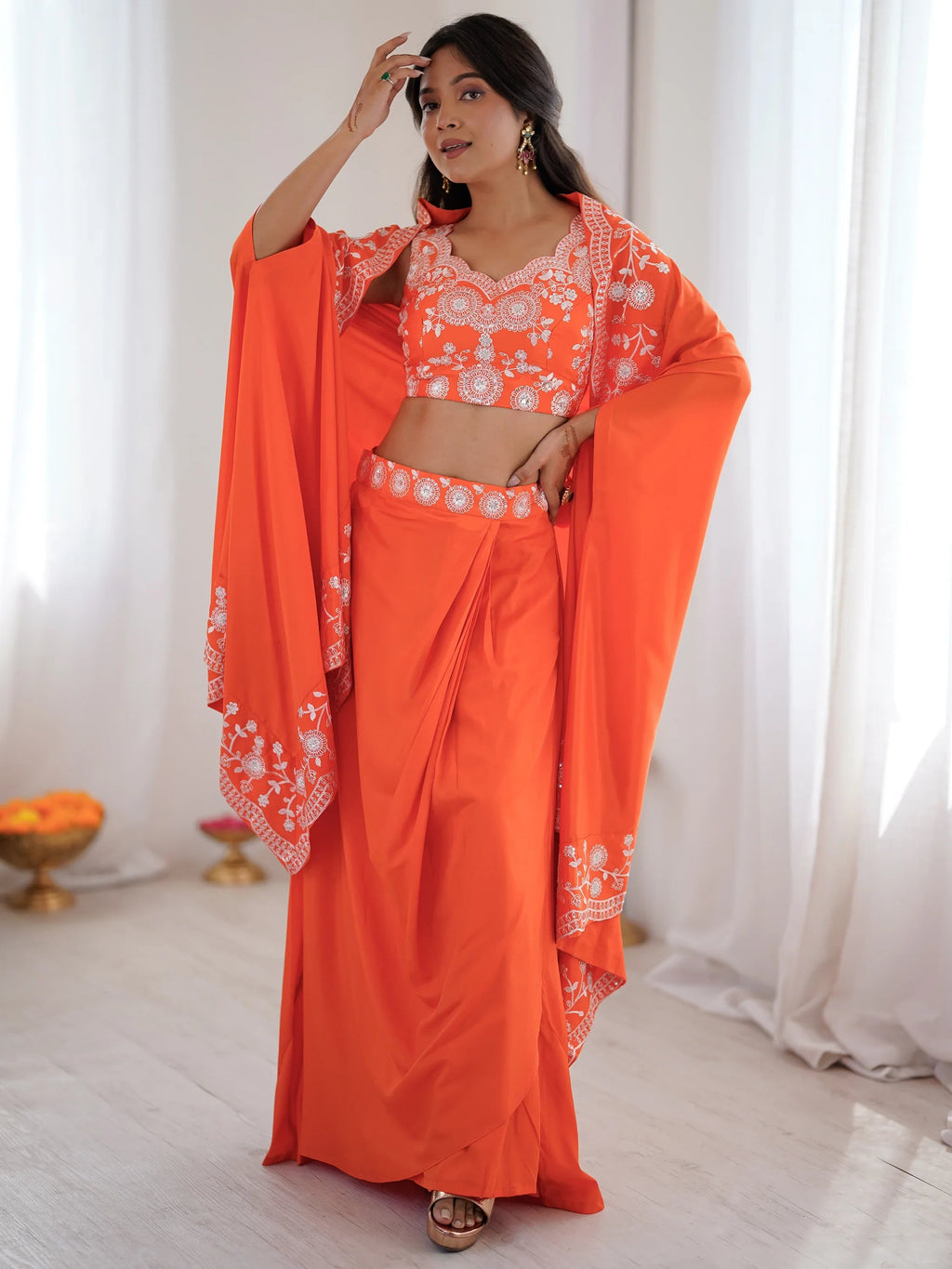 Orange Beautiful Crepe Designer Lehenga Choli With Sequins Shrug