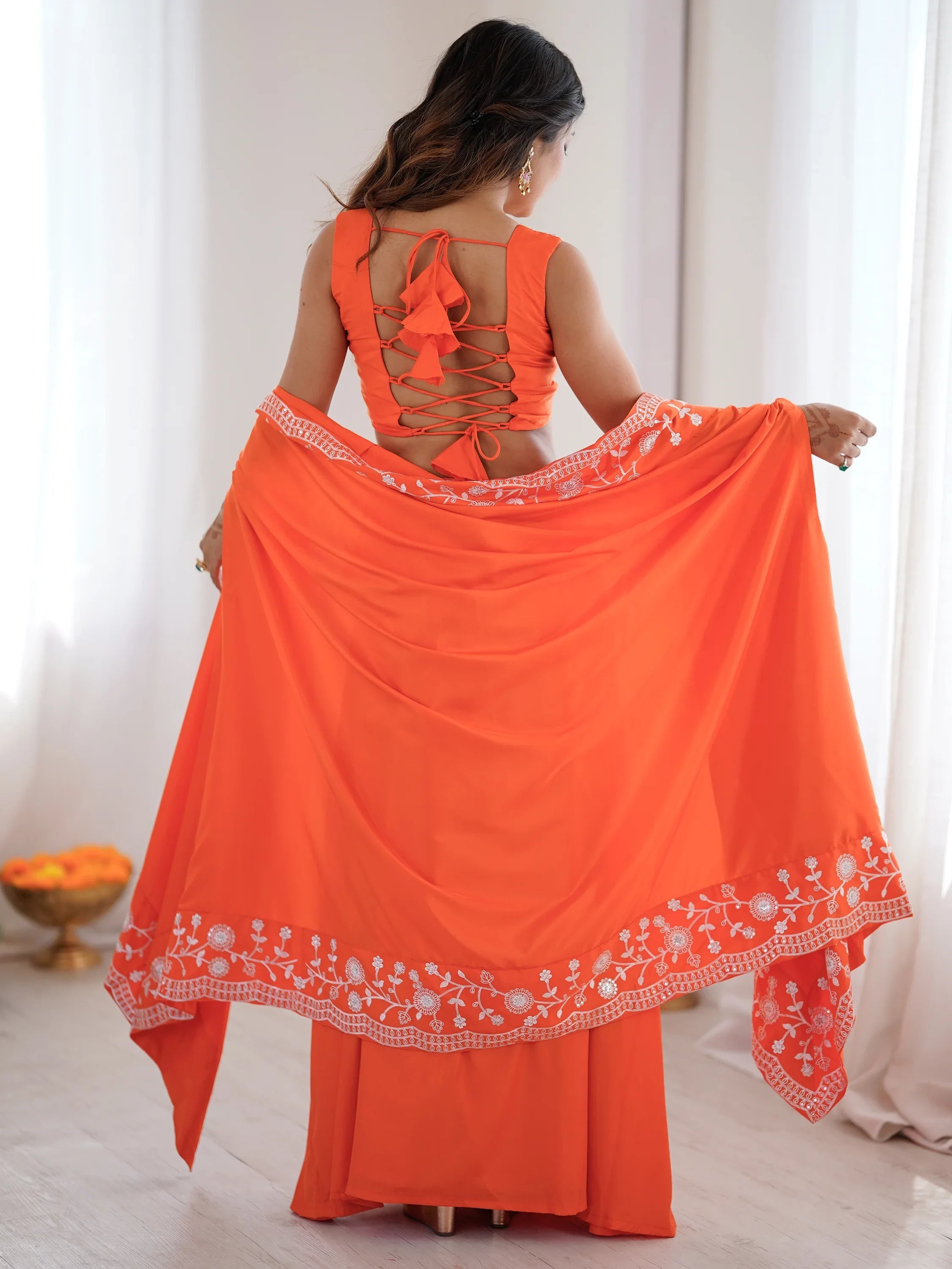 Orange Beautiful Crepe Designer Lehenga Choli With Sequins Shrug