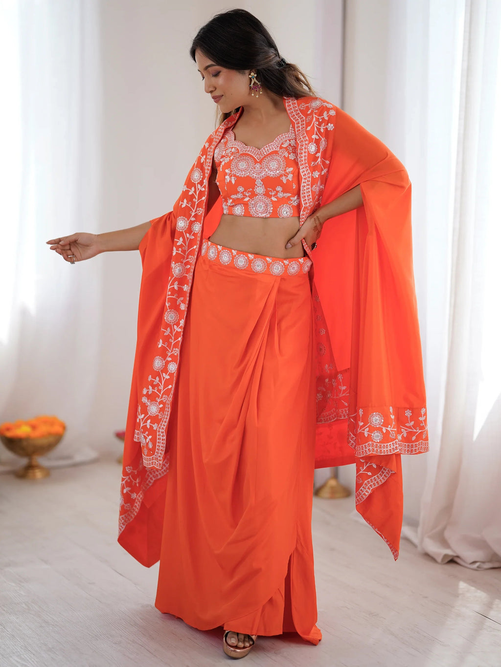 Orange Beautiful Crepe Designer Lehenga Choli With Sequins Shrug