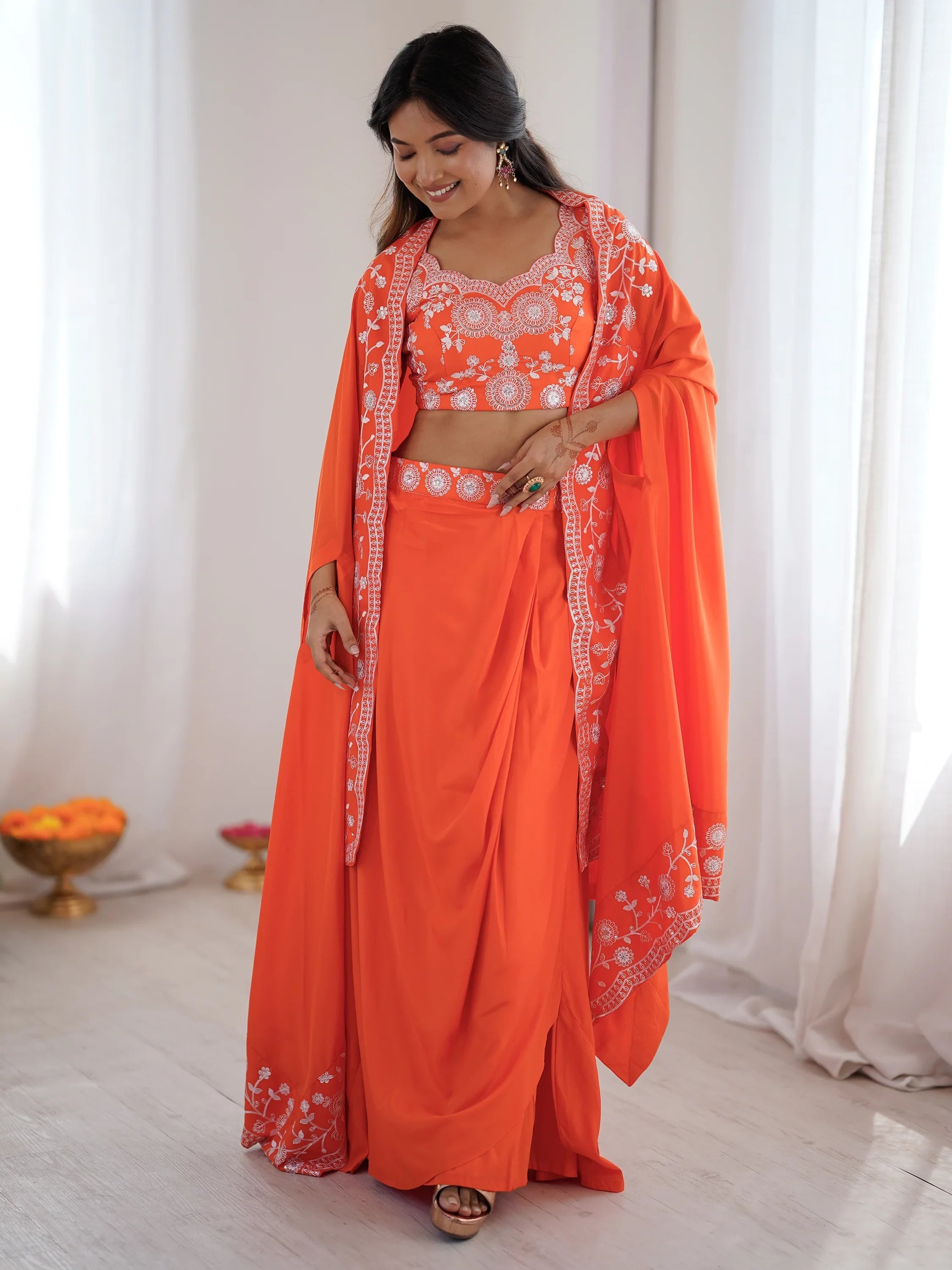 Orange Beautiful Crepe Designer Lehenga Choli With Sequins Shrug