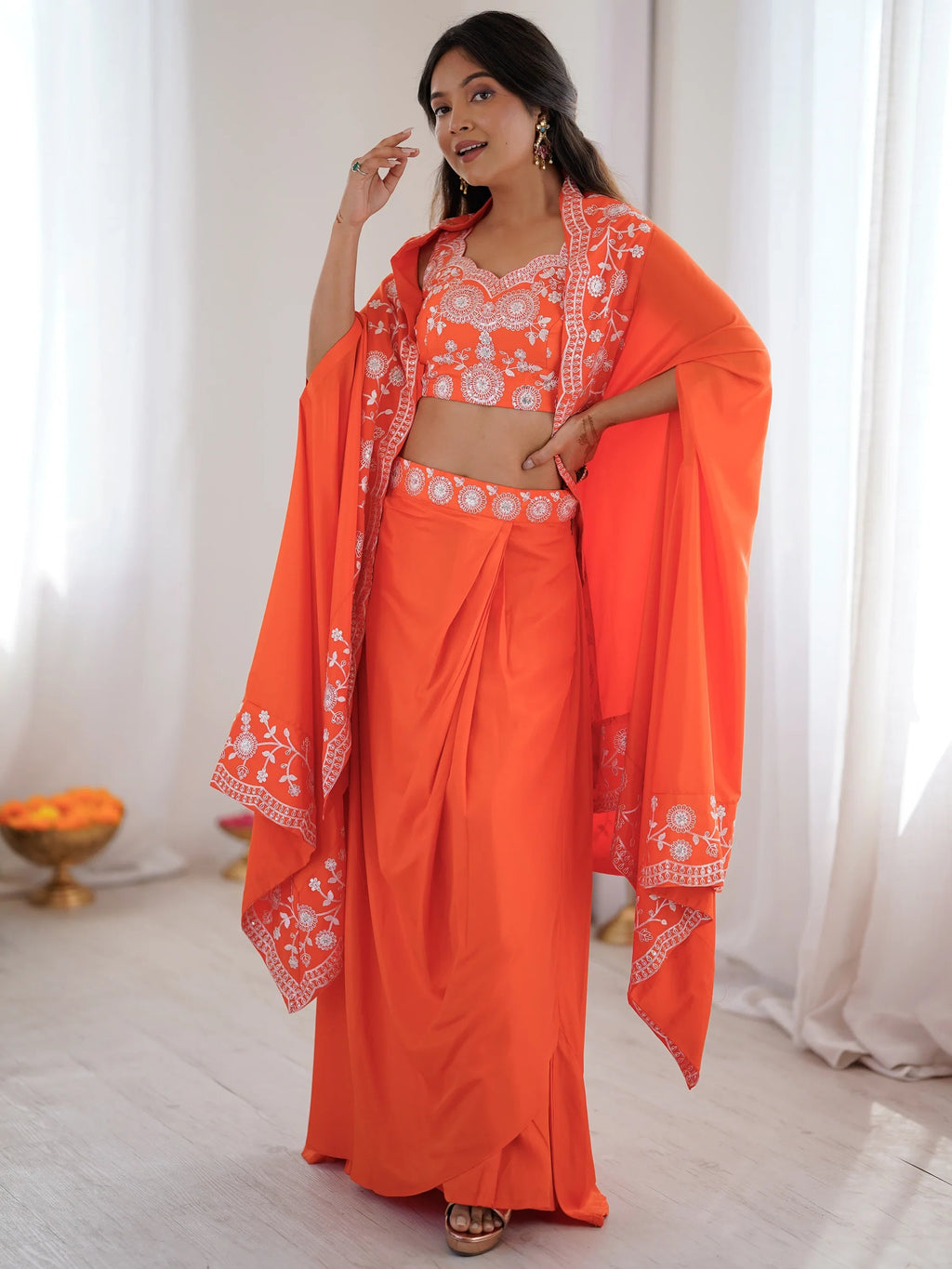 Orange Beautiful Crepe Designer Lehenga Choli With Sequins Shrug