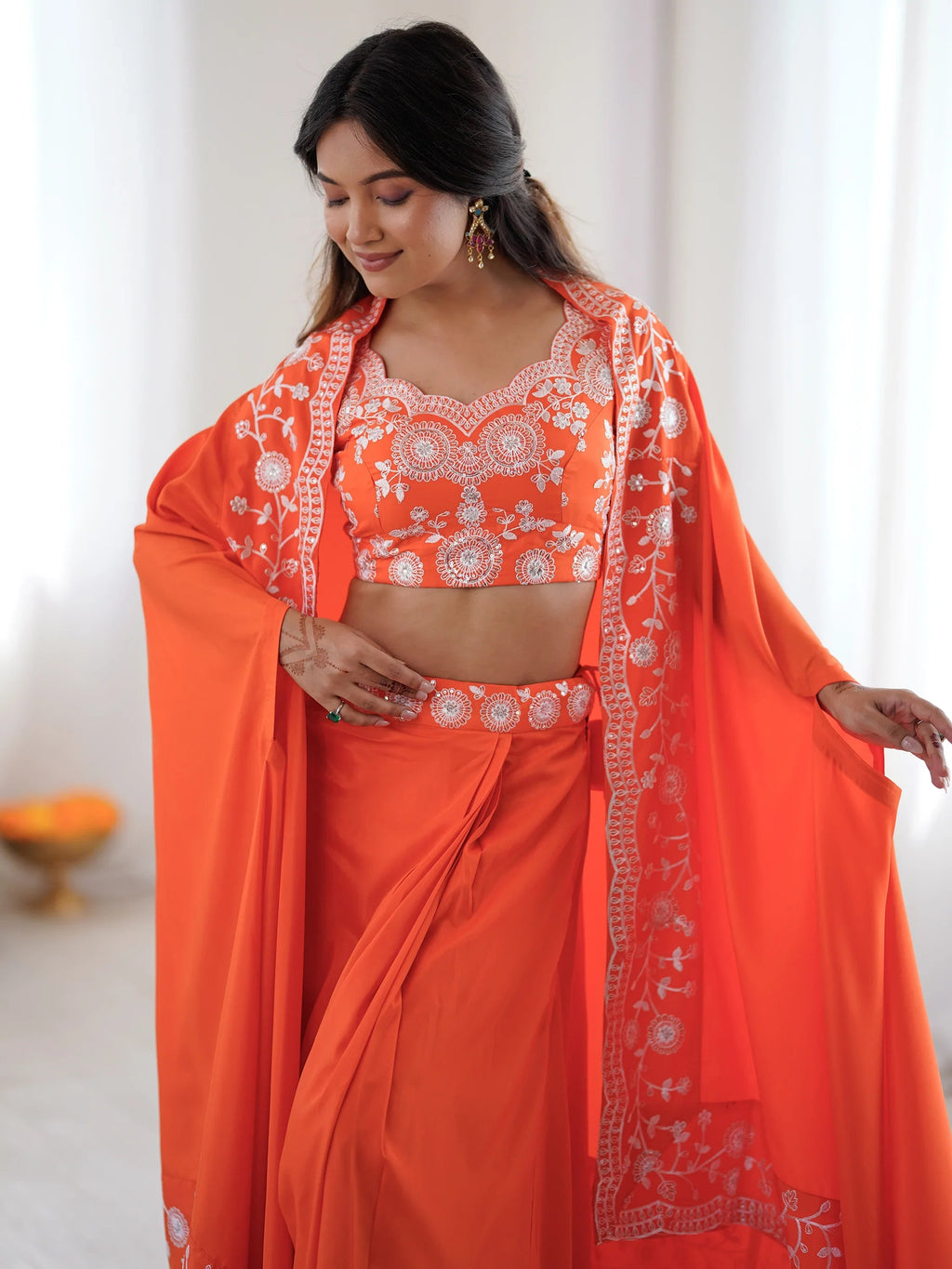 Orange Beautiful Crepe Designer Lehenga Choli With Sequins Shrug