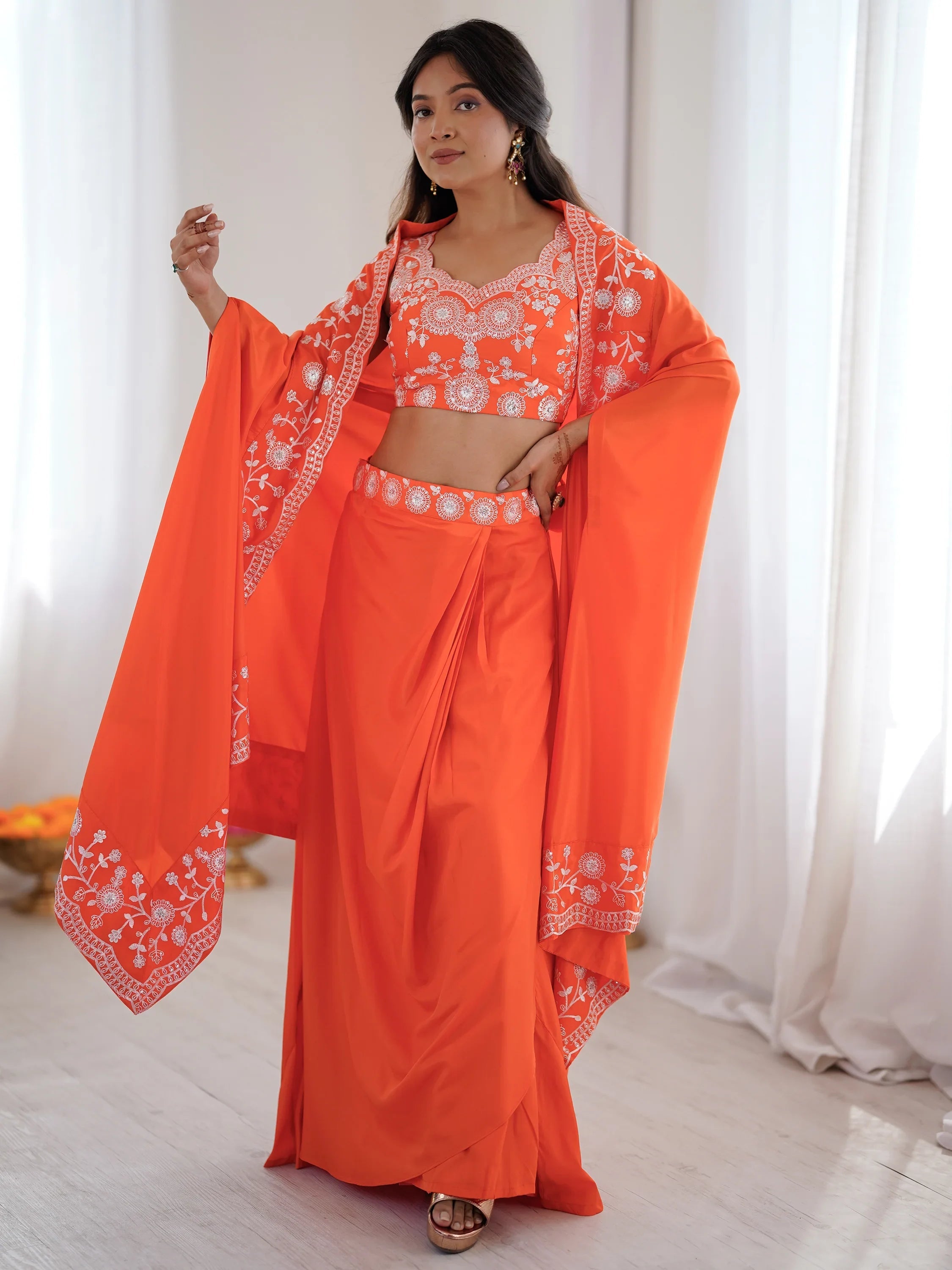 Orange Beautiful Crepe Designer Lehenga Choli With Sequins Shrug