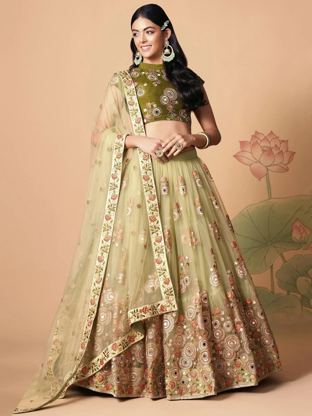 Stunning Pista Green Embroidered Net Bridesmaid Plus Size Lehenga Choli