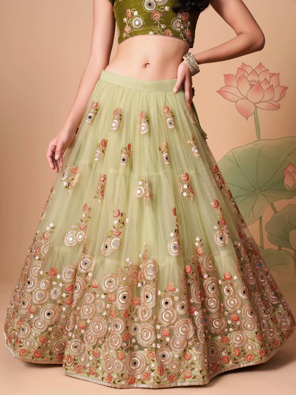 Stunning Pista Green Embroidered Net Bridesmaid Plus Size Lehenga Choli
