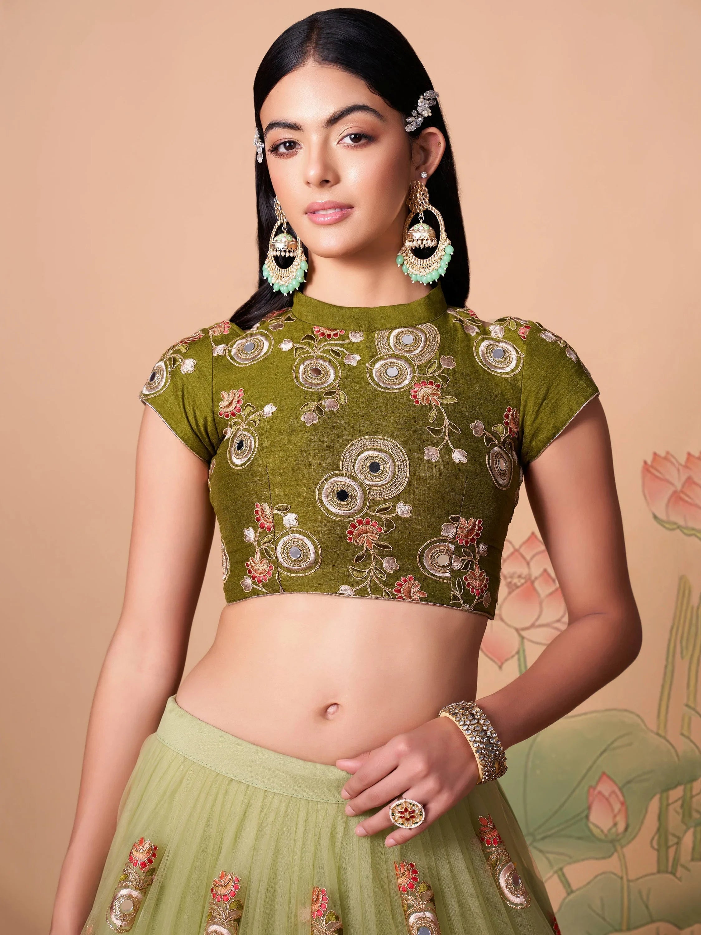 Stunning Pista Green Embroidered Net Bridesmaid Plus Size Lehenga Choli