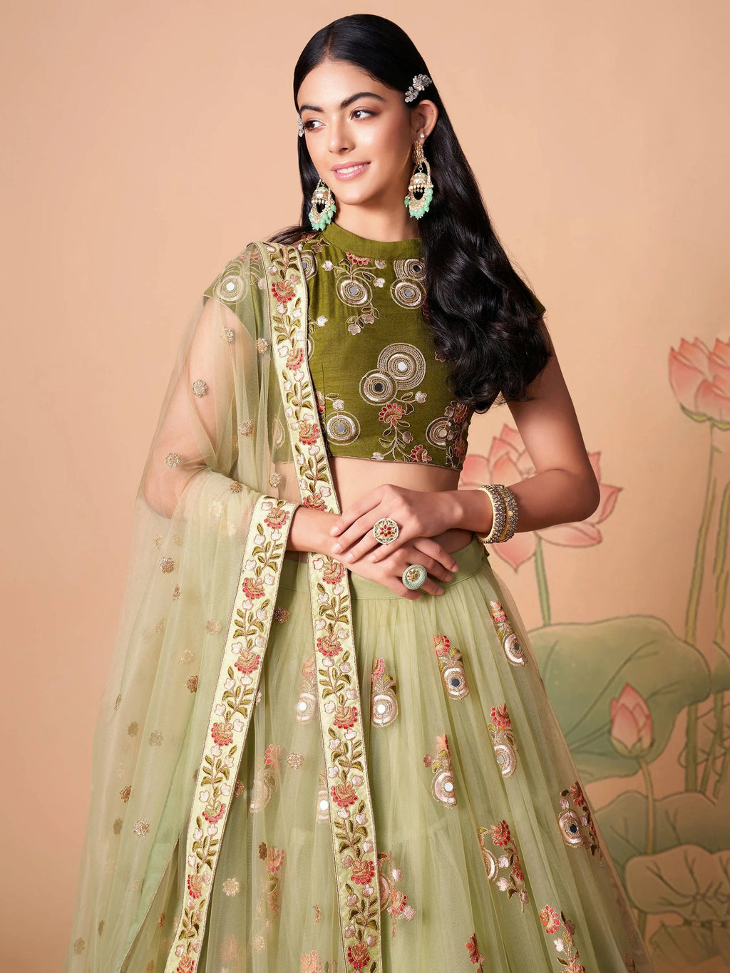 Stunning Pista Green Embroidered Net Bridesmaid Plus Size Lehenga Choli