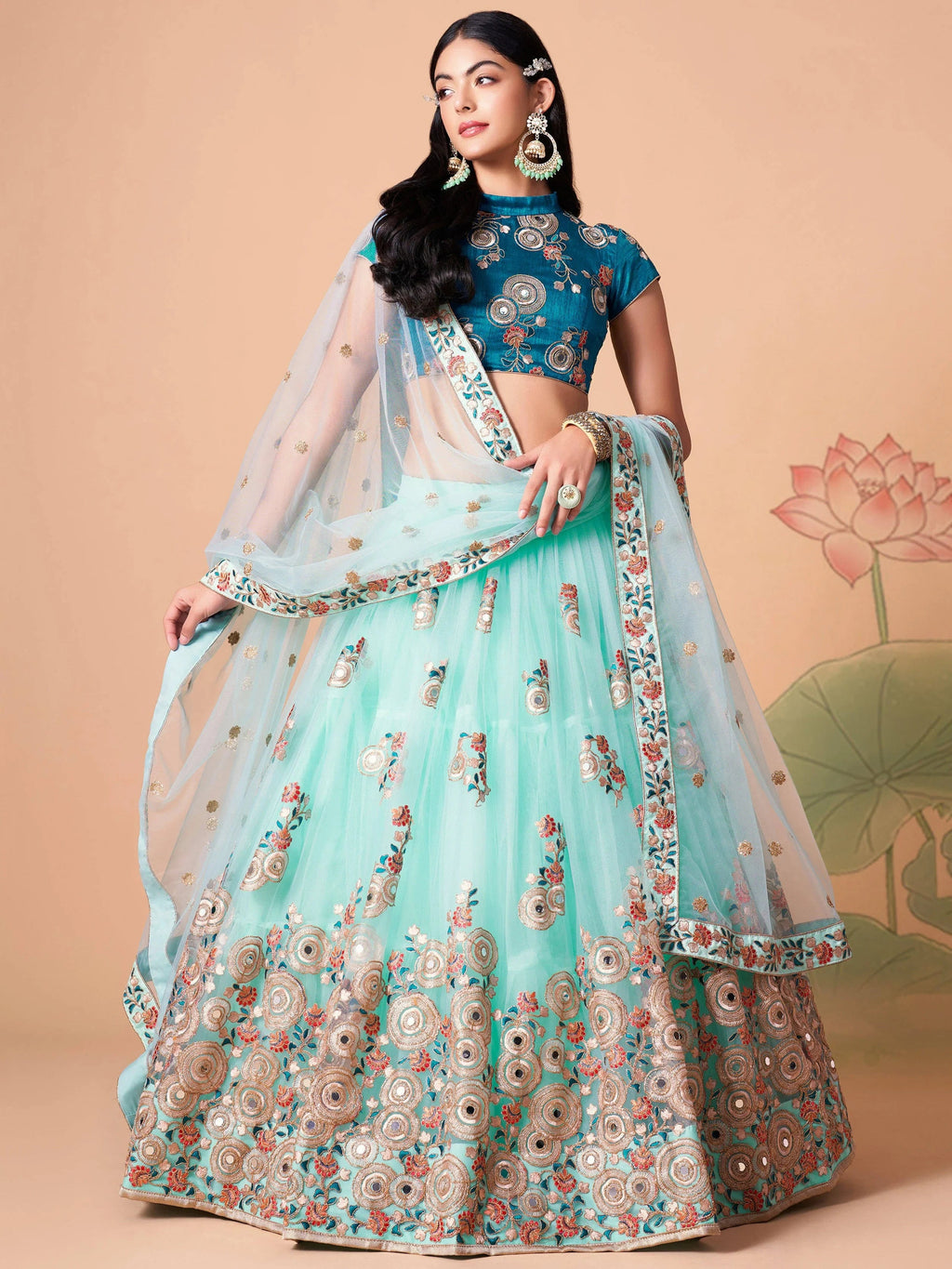 Alluring Blue Embroidered Net Engagement Wear Plus Size Lehenga Choli