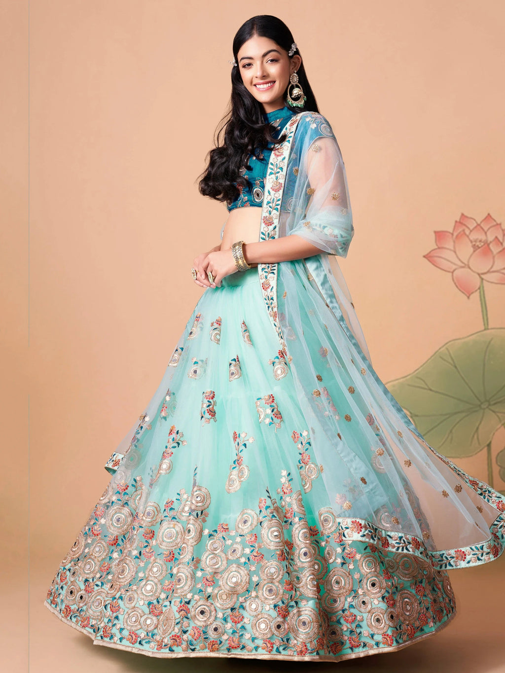 Alluring Blue Embroidered Net Engagement Wear Plus Size Lehenga Choli