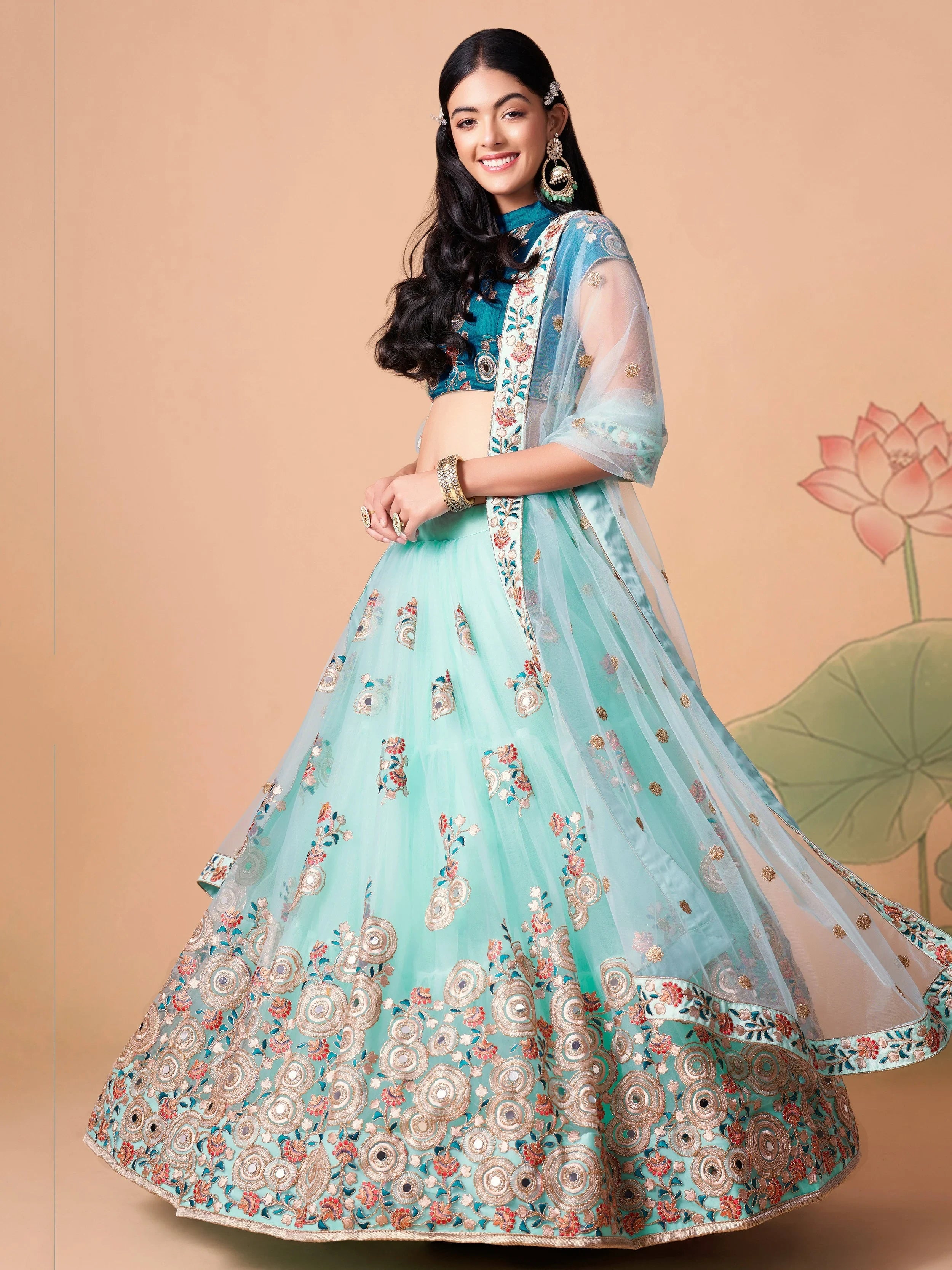 Alluring Blue Embroidered Net Engagement Wear Plus Size Lehenga Choli