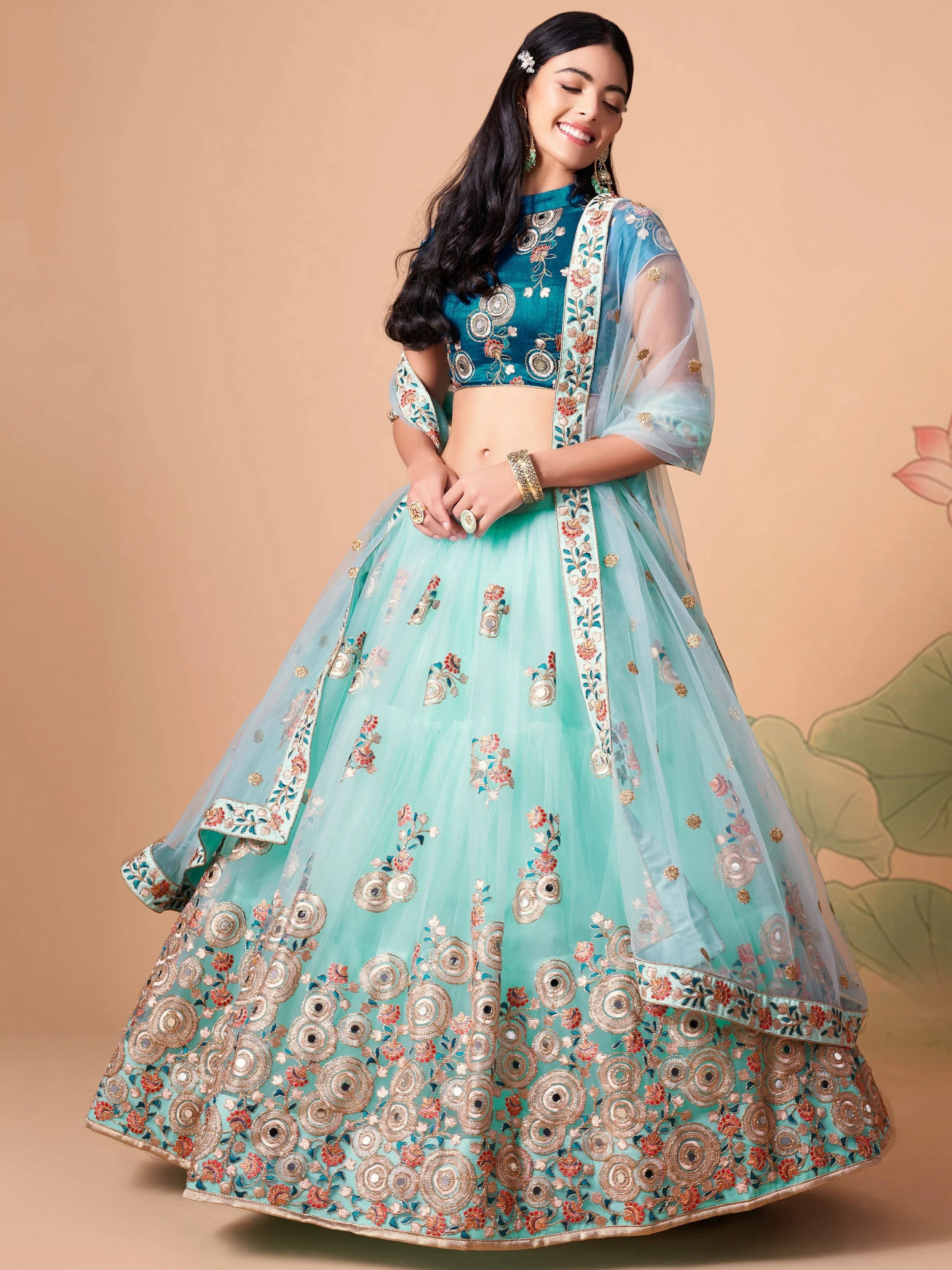 Alluring Blue Embroidered Net Engagement Wear Plus Size Lehenga Choli
