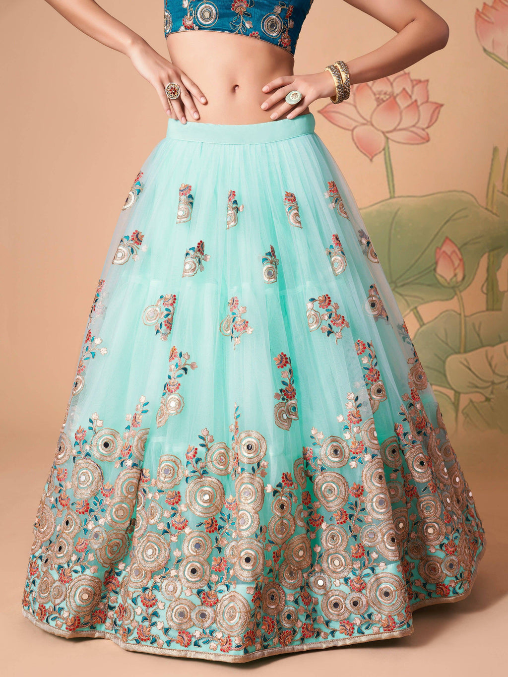Alluring Blue Embroidered Net Engagement Wear Plus Size Lehenga Choli