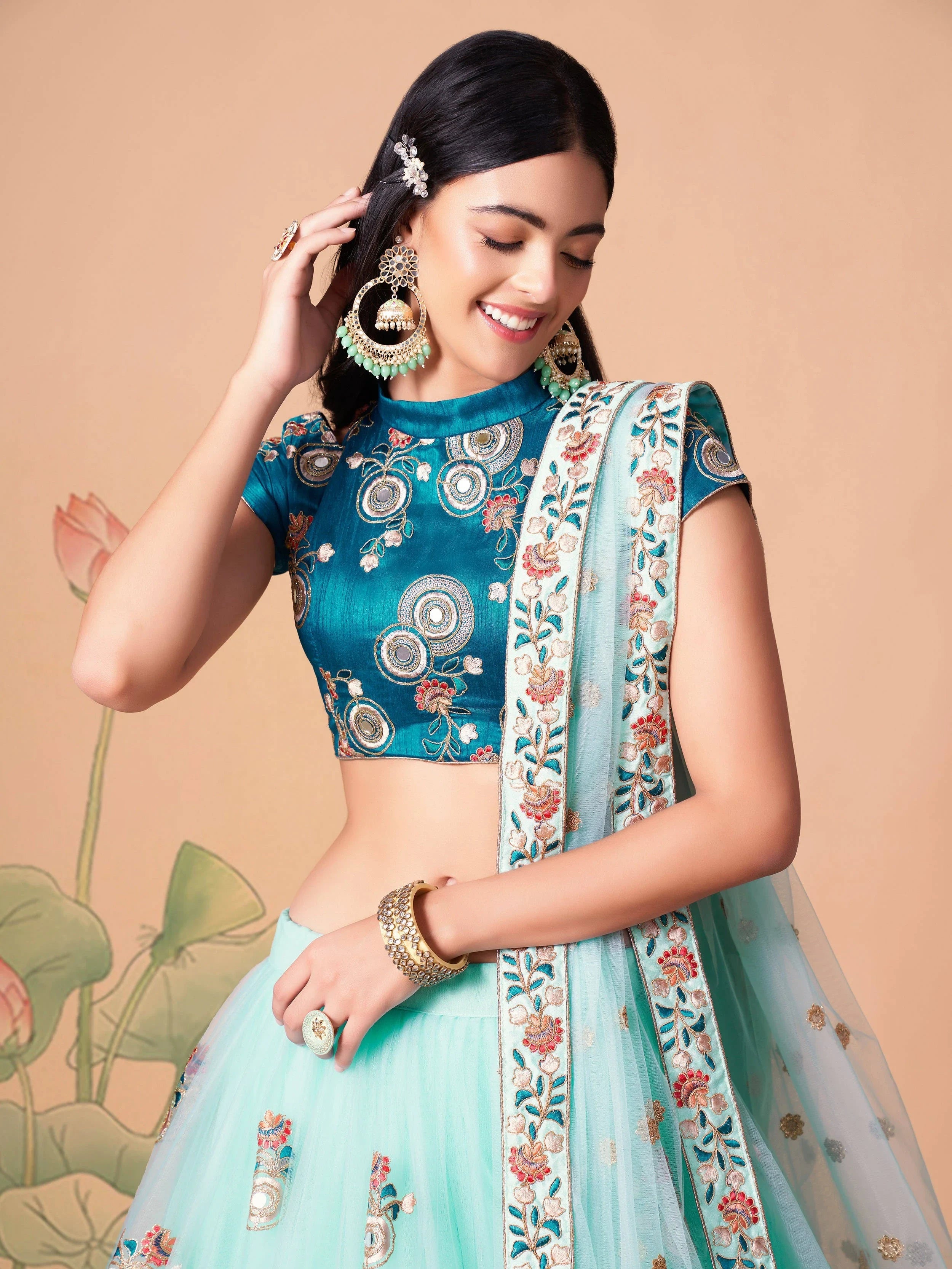 Alluring Blue Embroidered Net Engagement Wear Plus Size Lehenga Choli