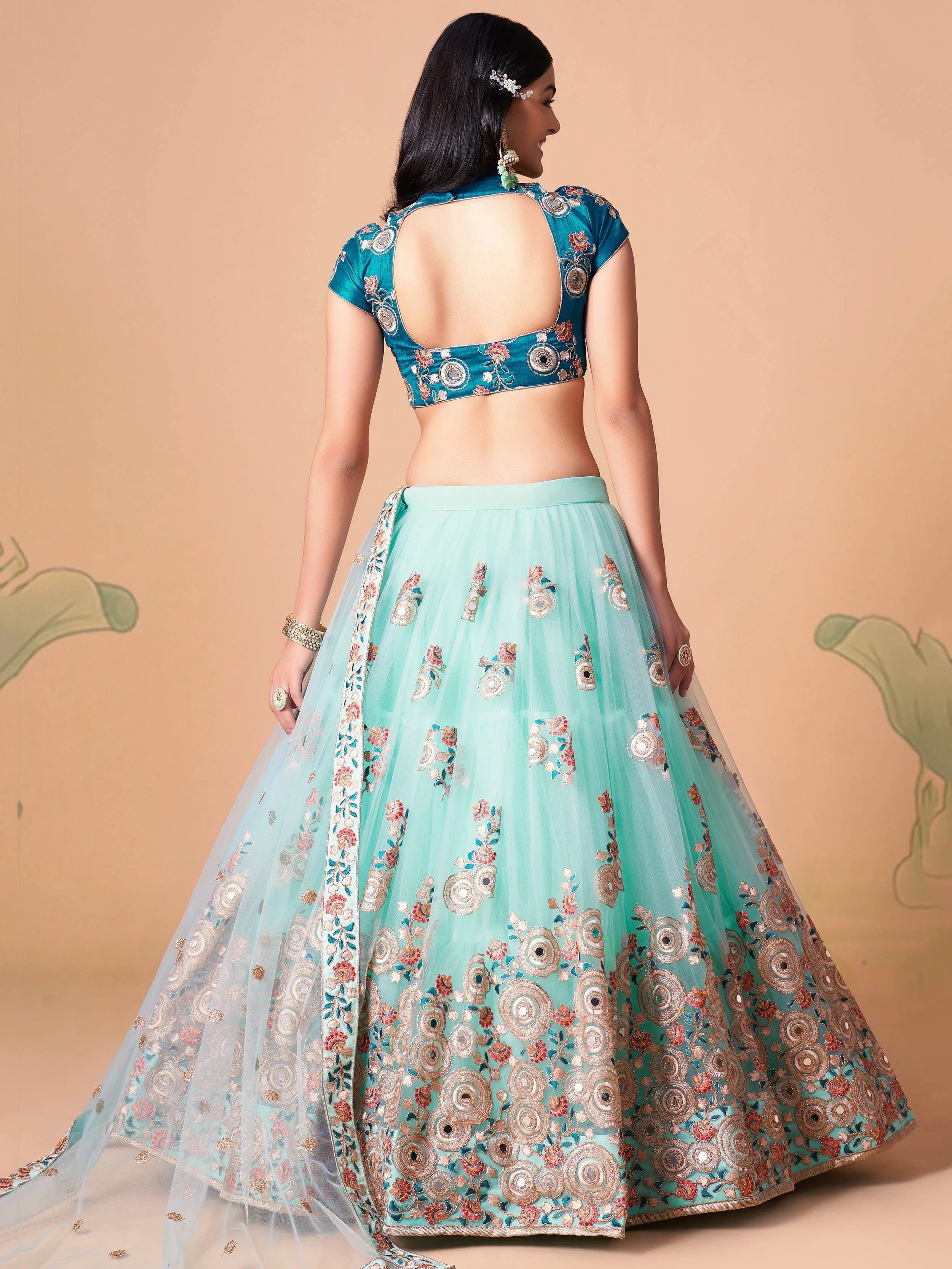 Alluring Blue Embroidered Net Engagement Wear Plus Size Lehenga Choli