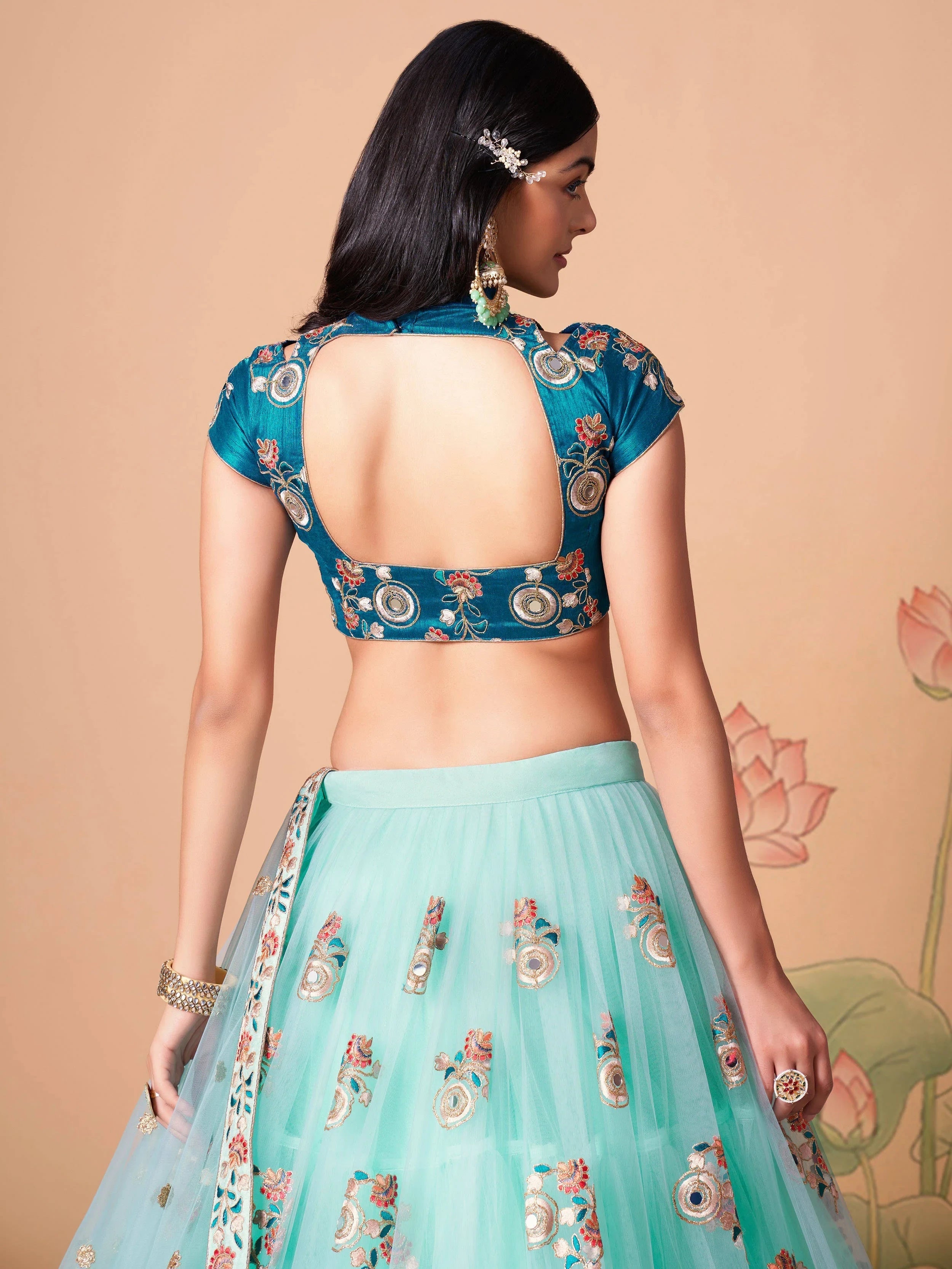 Alluring Blue Embroidered Net Engagement Wear Plus Size Lehenga Choli