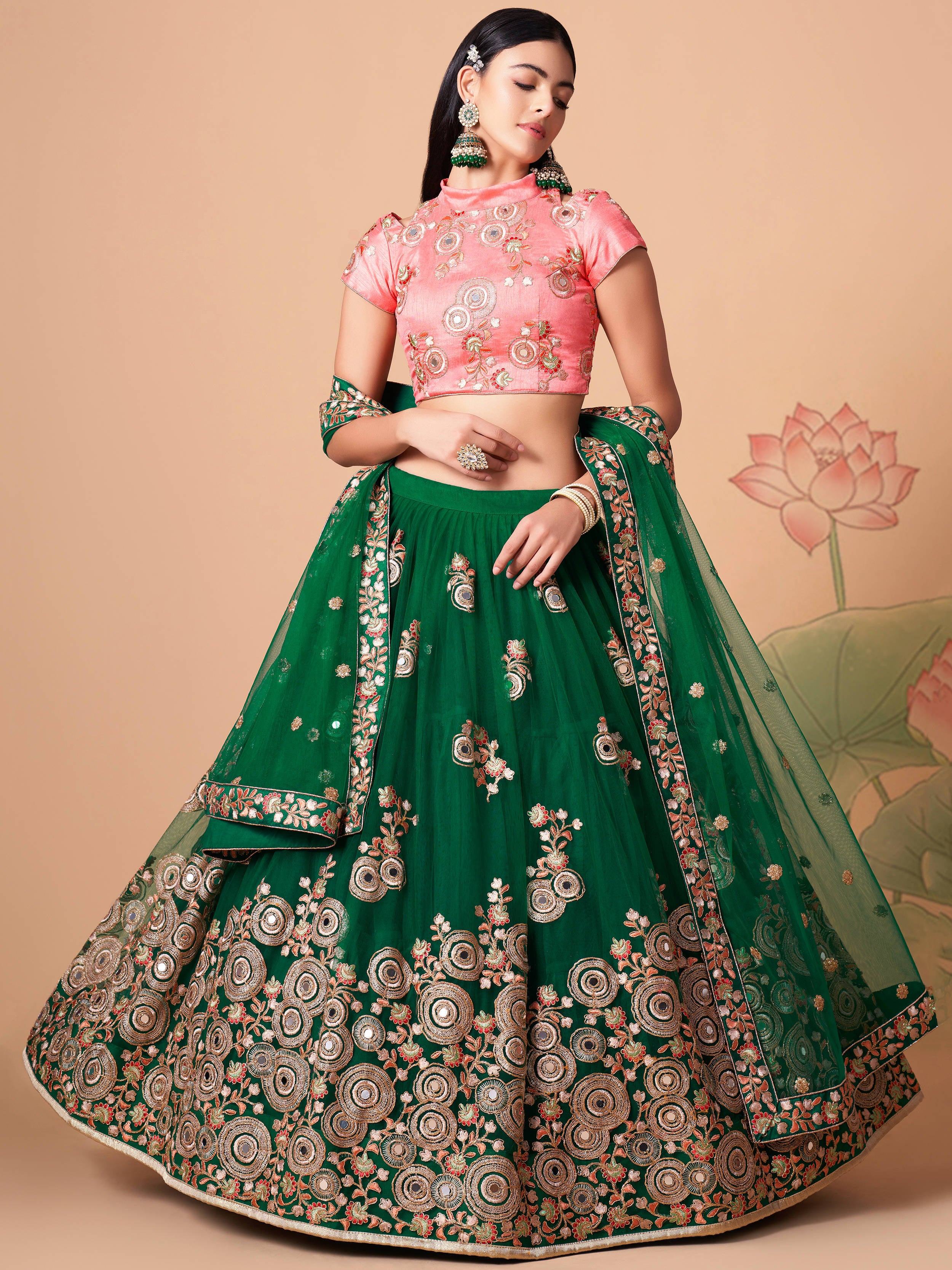 Glamorous Green Embroidered Net Sangeet Wear Plus Size Lehenga Choli