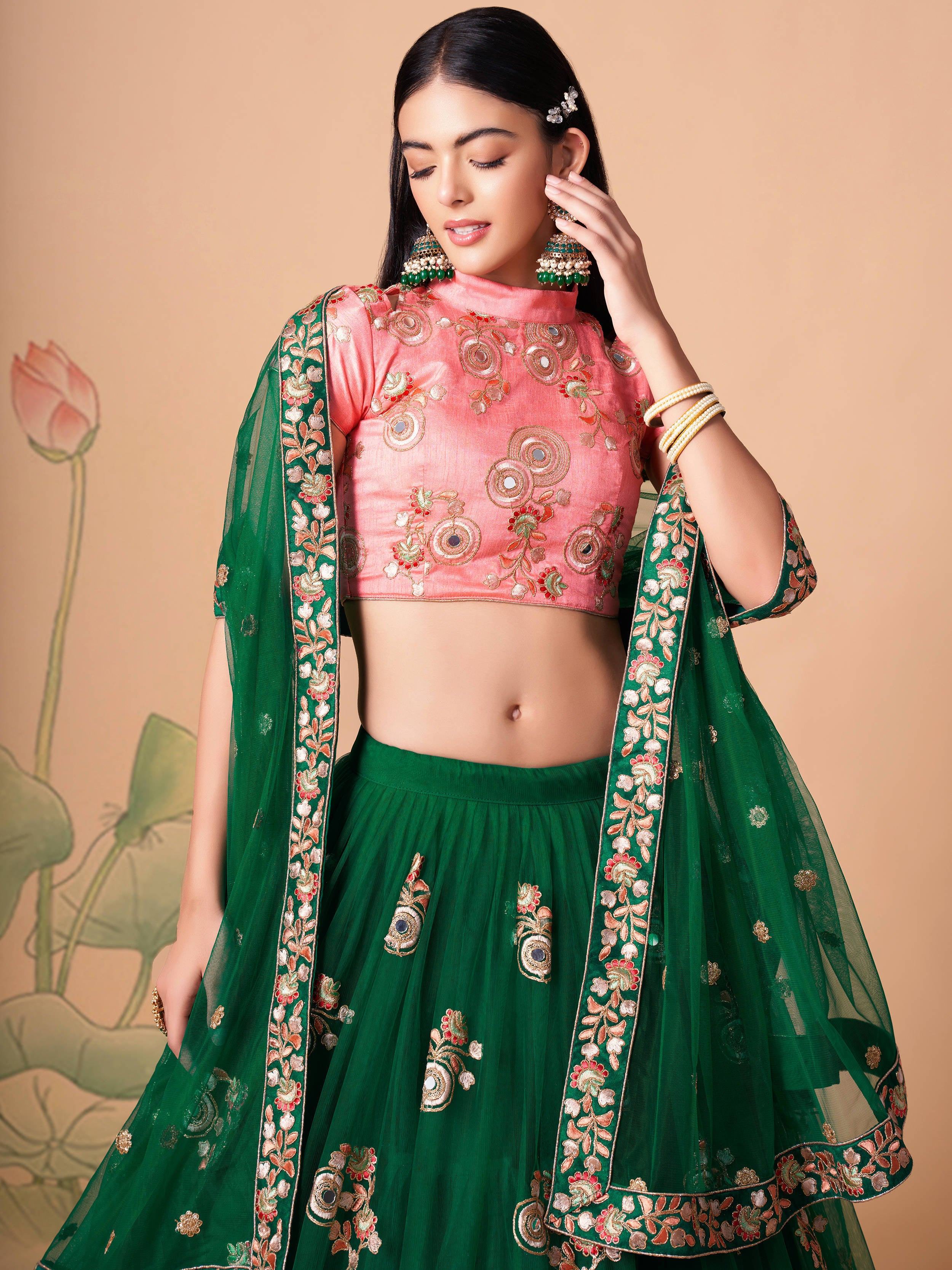 Glamorous Green Embroidered Net Sangeet Wear Plus Size Lehenga Choli