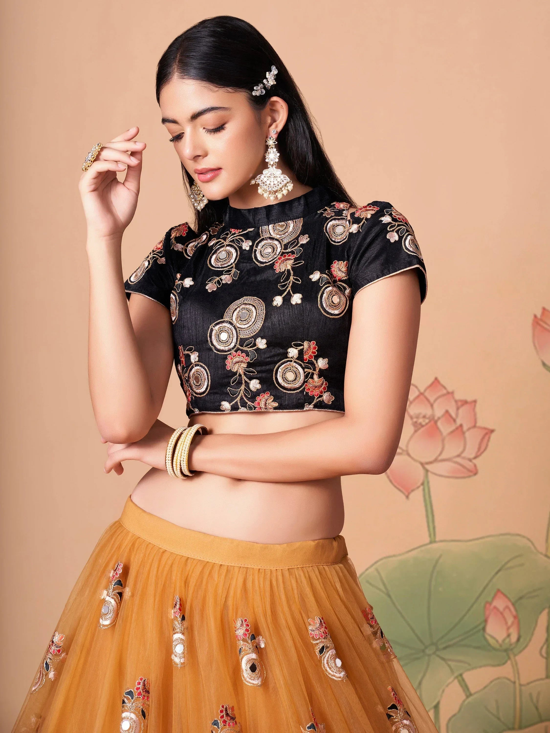 Yellow Fabulous Mirror Embroidered Net Festive Lehenga Choli