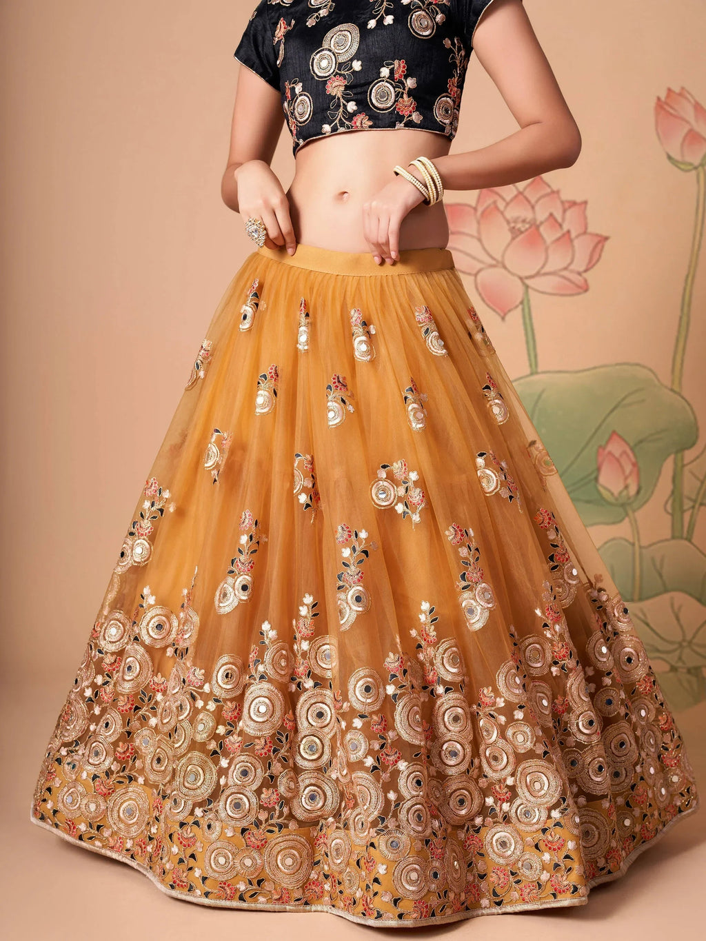 Yellow Fabulous Mirror Embroidered Net Festive Lehenga Choli