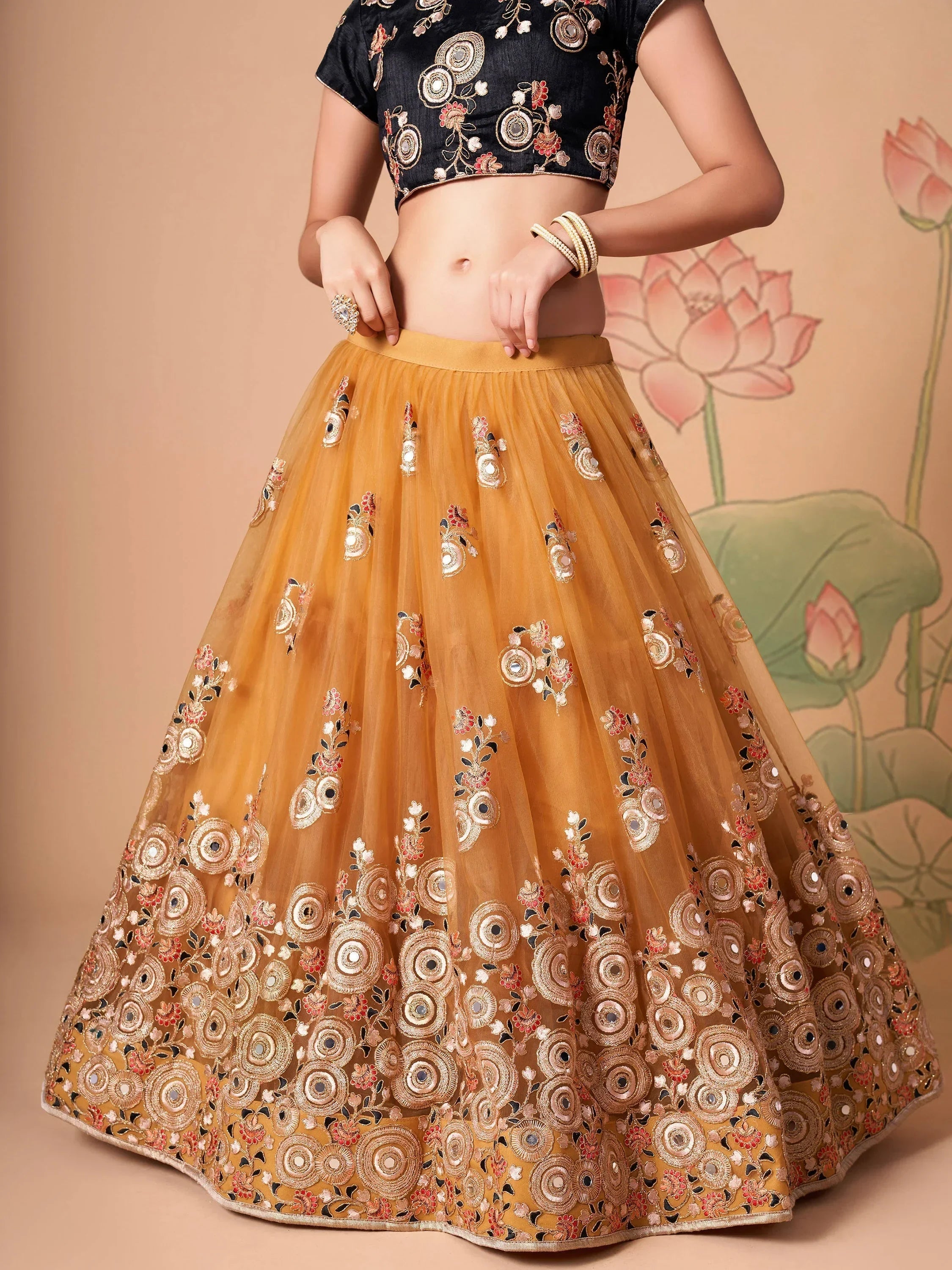 Yellow Fabulous Mirror Embroidered Net Festive Lehenga Choli