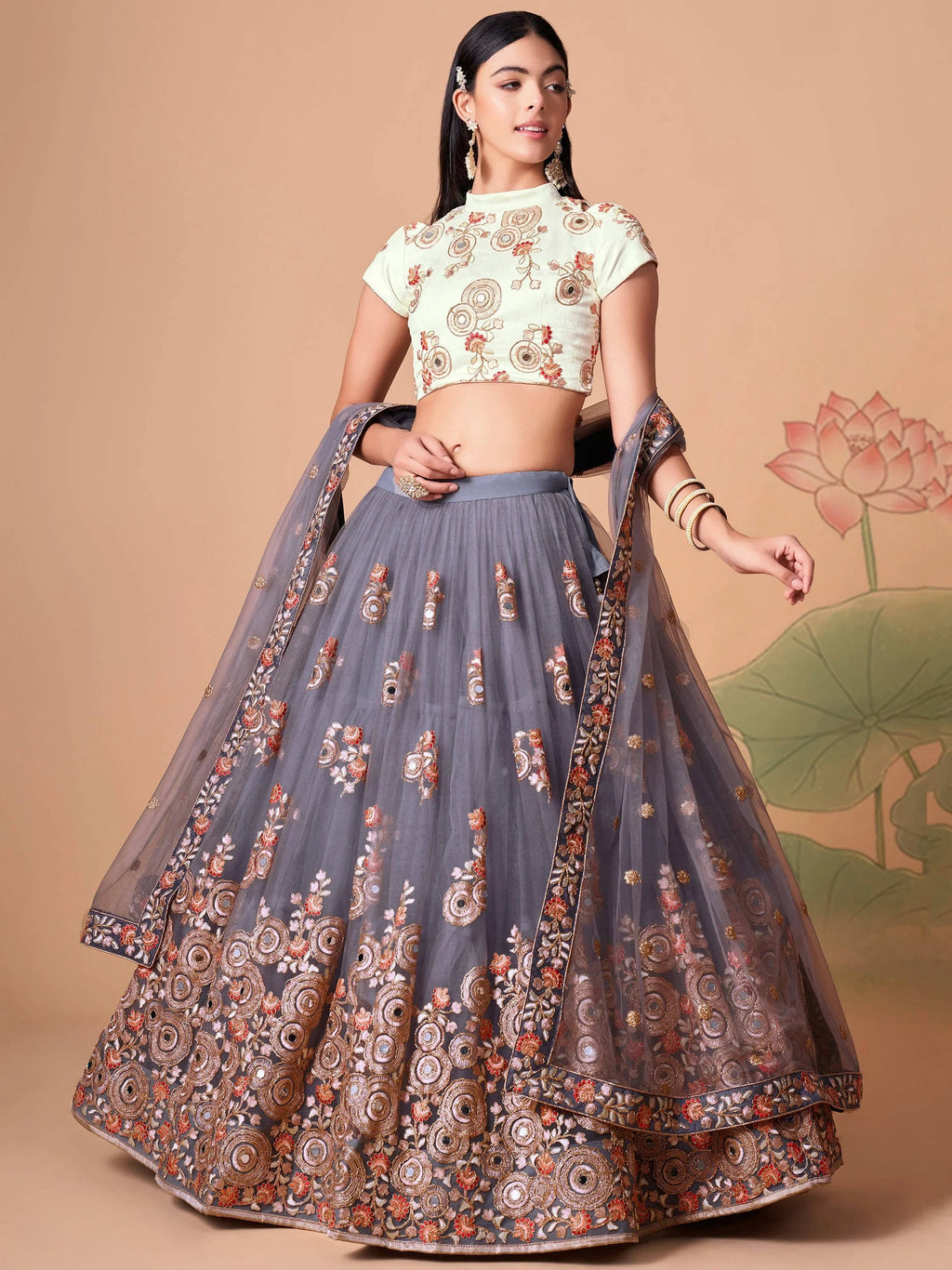 Amazing Grey Embroidered Net Cocktail Party Wear Plus Size Lehenga Choli