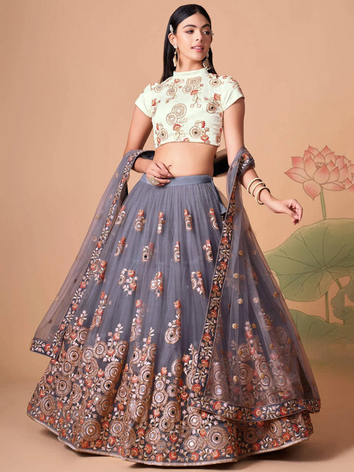 Amazing Grey Embroidered Net Cocktail Party Wear Plus Size Lehenga Choli