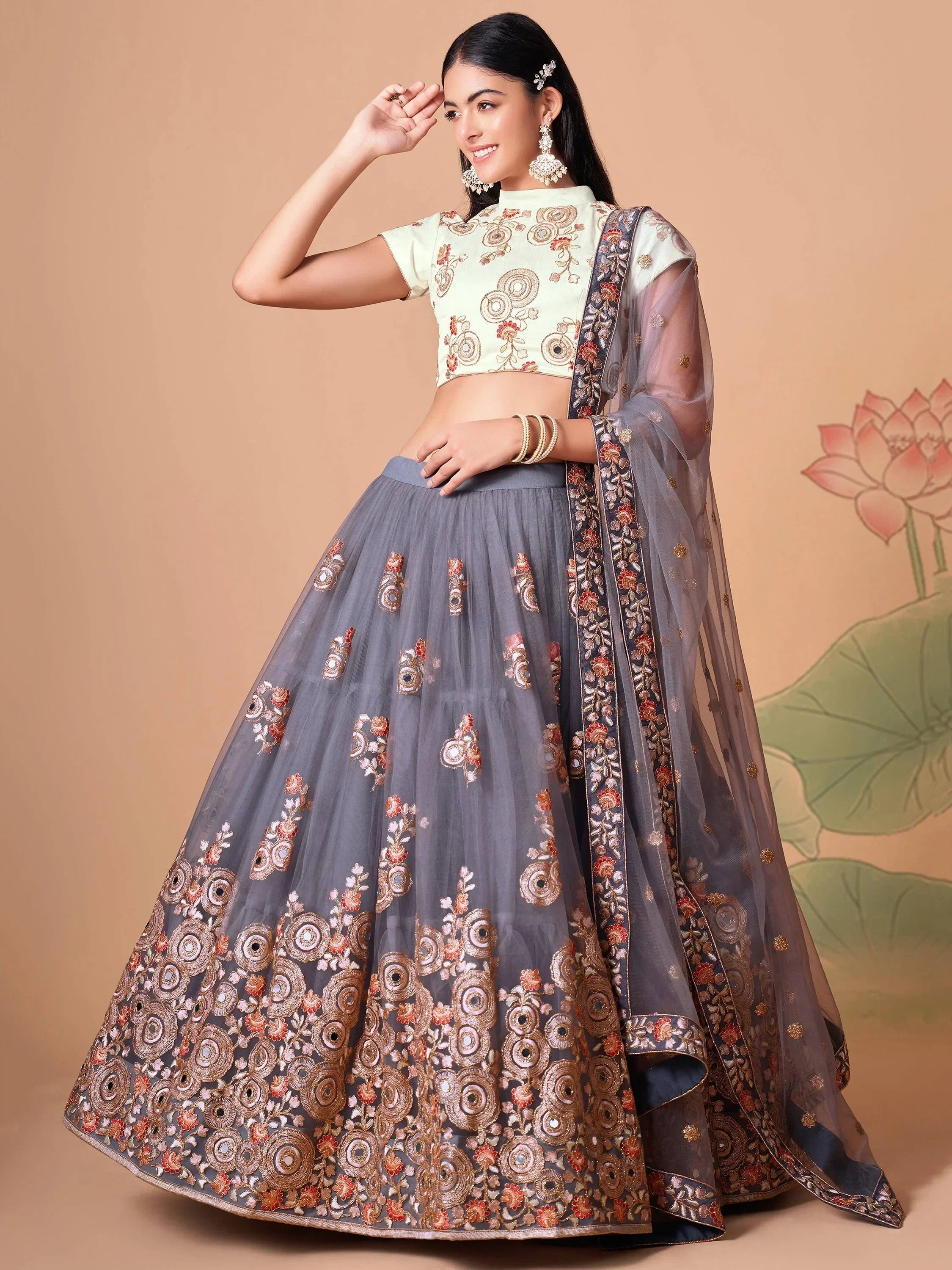 Sumptuous Grey Mirror Work Net Designer Lehenga Choli