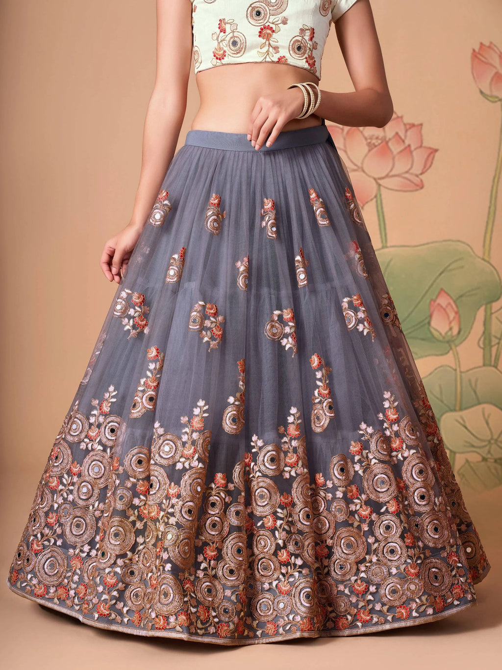 Amazing Grey Embroidered Net Cocktail Party Wear Plus Size Lehenga Choli