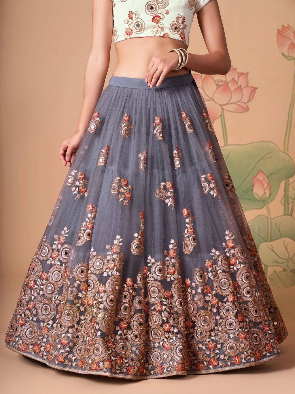 Sumptuous Grey Mirror Work Net Designer Lehenga Choli