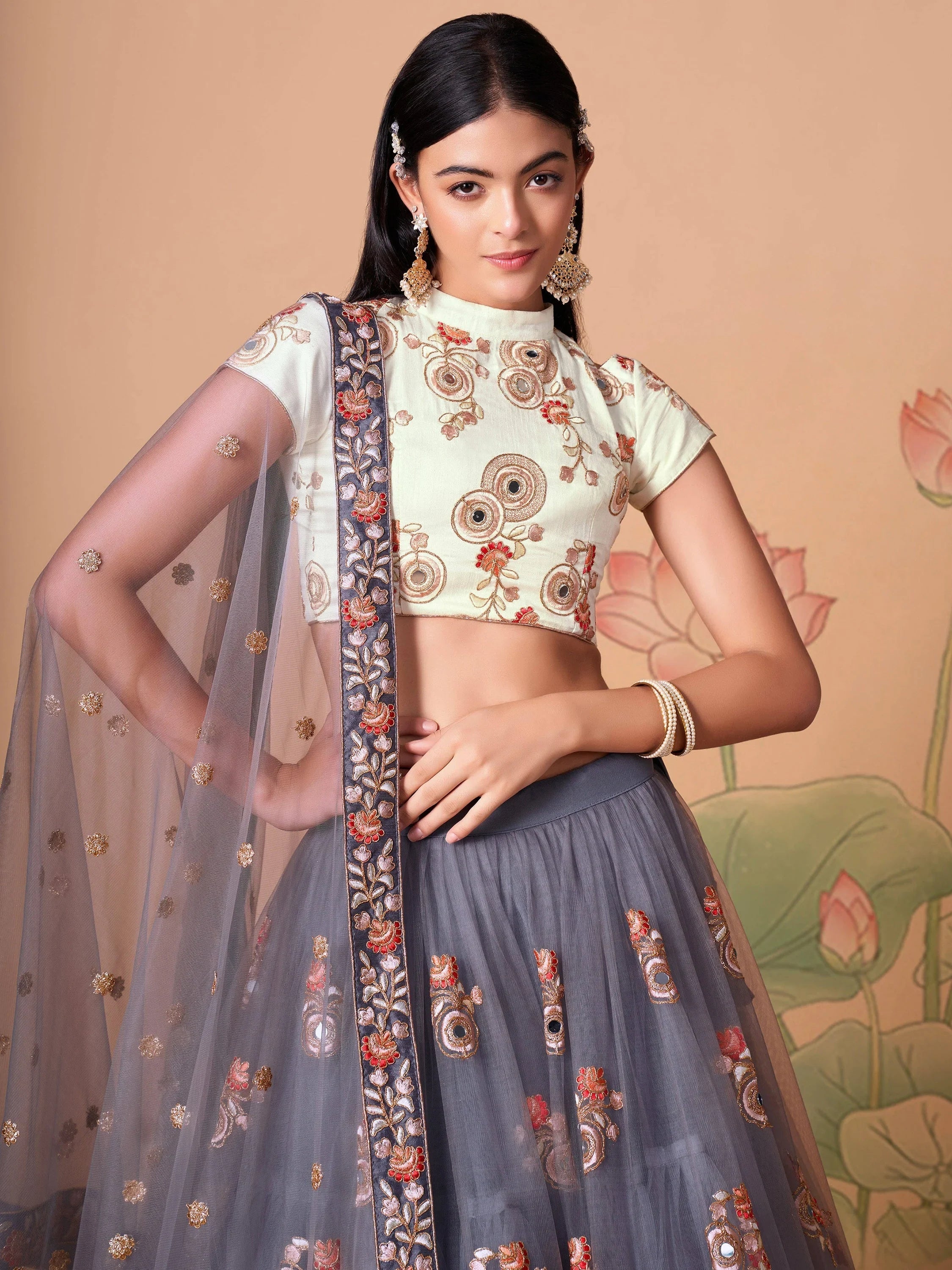 Amazing Grey Embroidered Net Cocktail Party Wear Plus Size Lehenga Choli