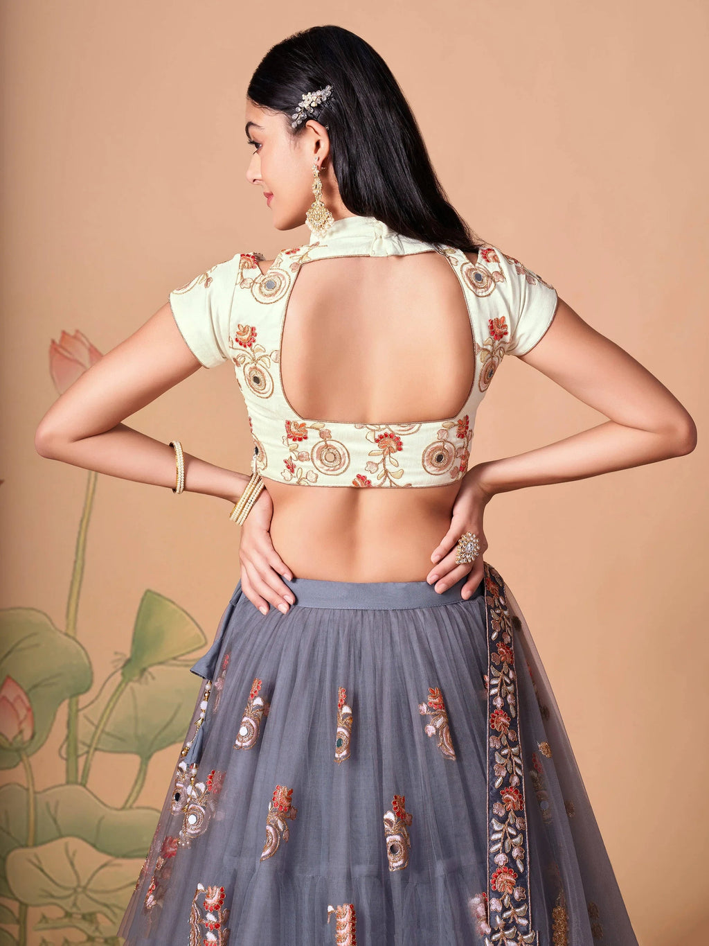 Amazing Grey Embroidered Net Cocktail Party Wear Plus Size Lehenga Choli