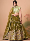 Olive Gorgeous Embroidered Net Wedding Lehenga Choli