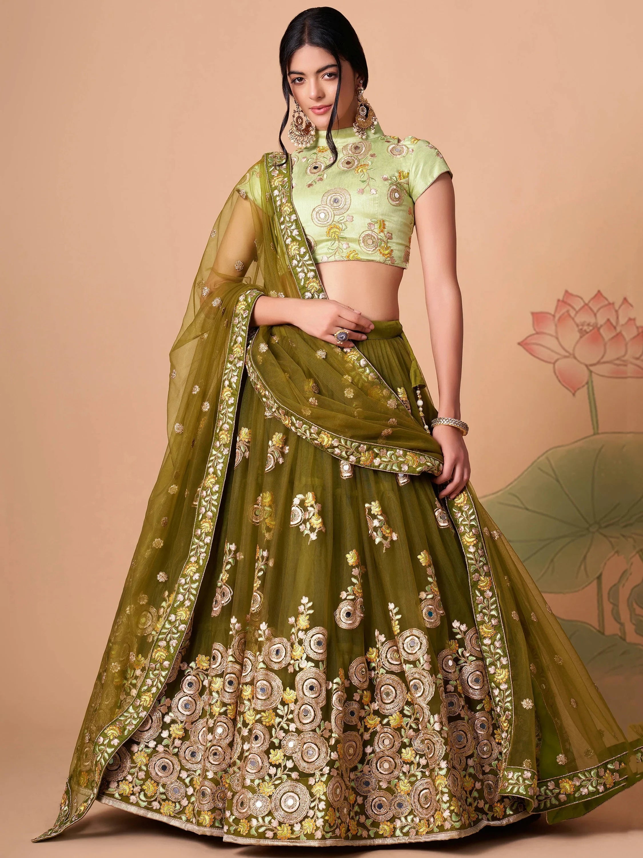 Green Gorgeous Embroidered Net Wedding Lehenga Choli