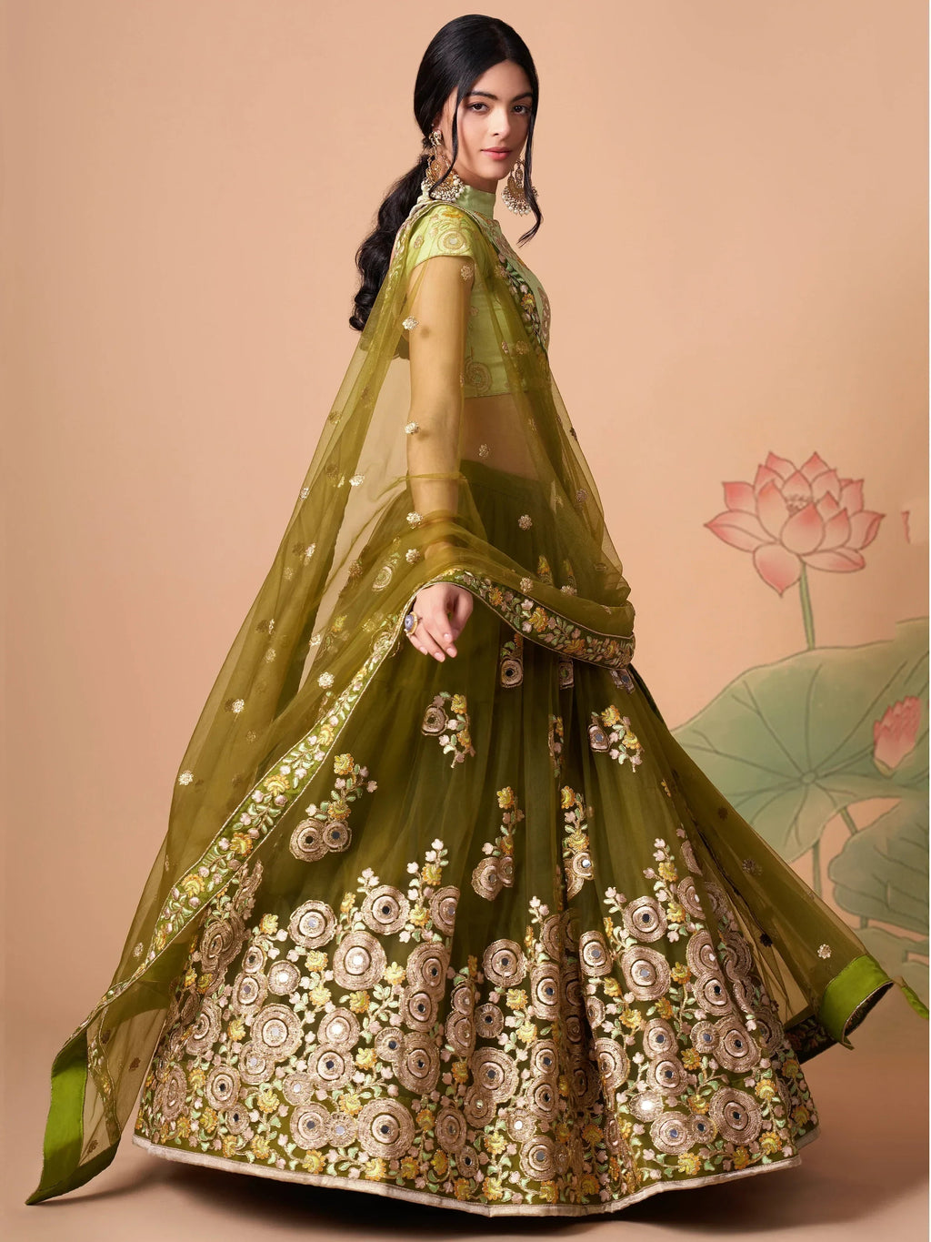 Olive Gorgeous Embroidered Net Wedding Lehenga Choli