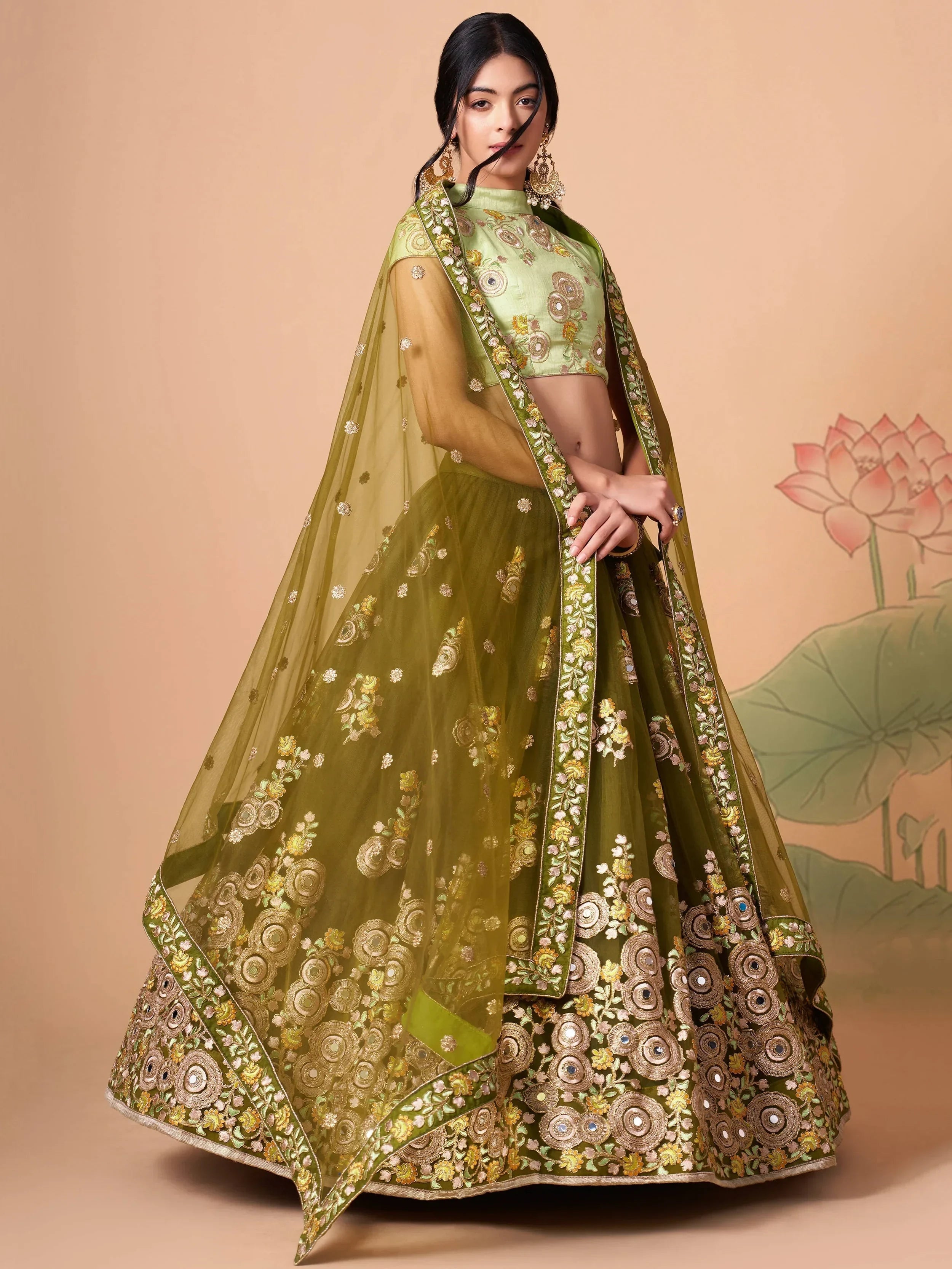 Olive Gorgeous Embroidered Net Wedding Lehenga Choli