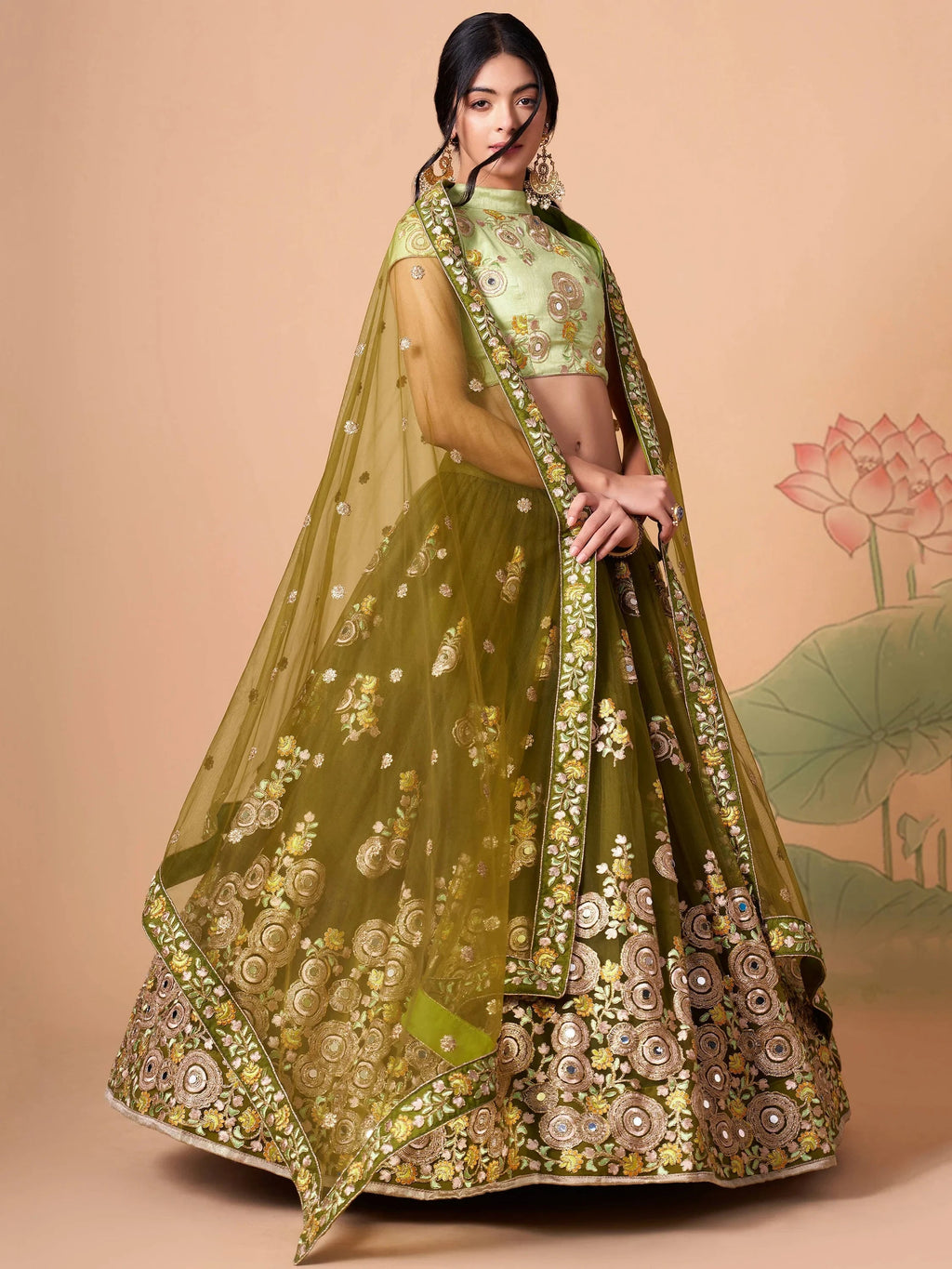 Green Gorgeous Embroidered Net Wedding Lehenga Choli