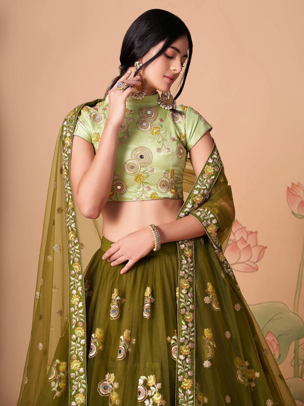 Green Gorgeous Embroidered Net Wedding Lehenga Choli