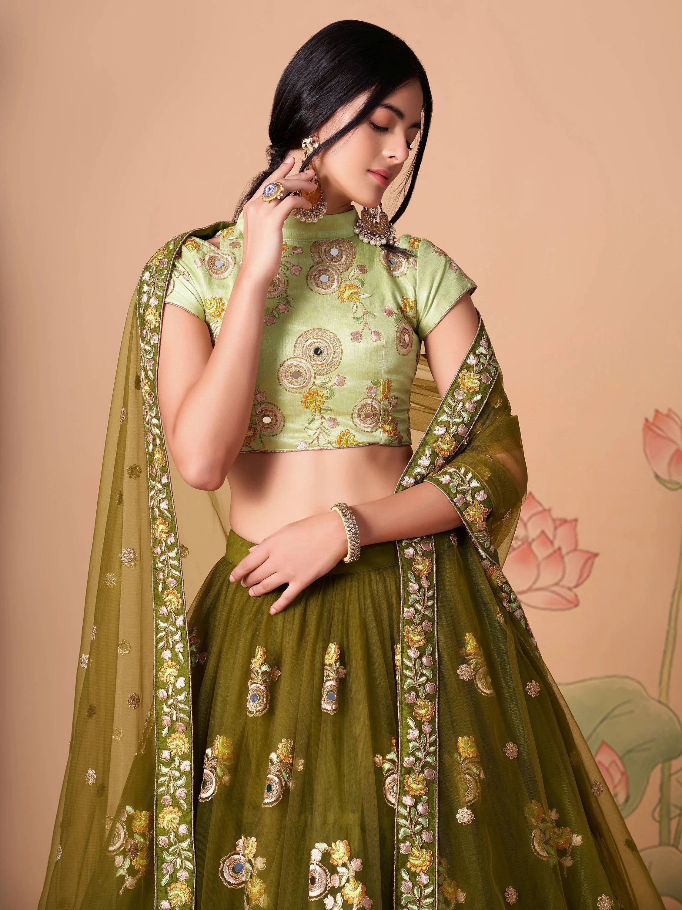 Green Gorgeous Embroidered Net Wedding Lehenga Choli